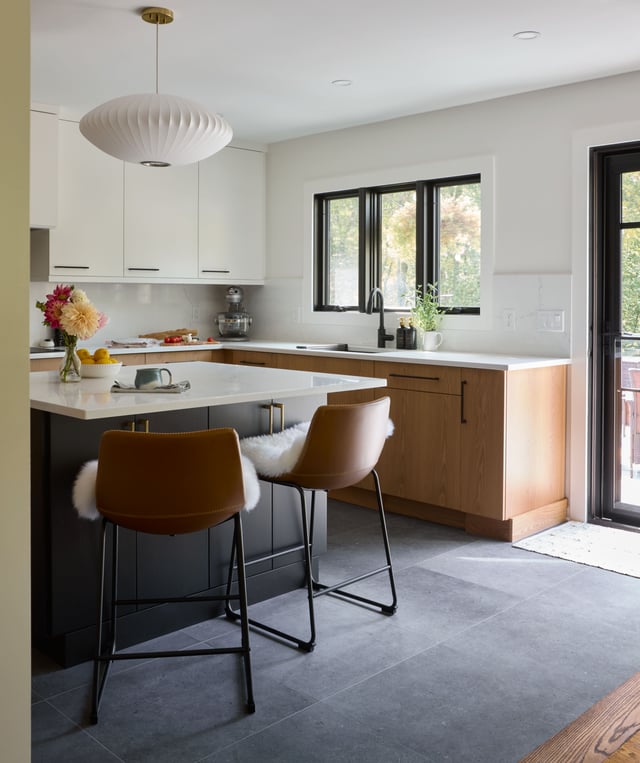 Modern kitchen with island and leather bar stools.
