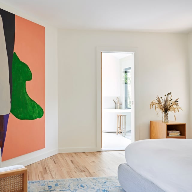 Interior of a newly remodeled bedroom with en-suite bath