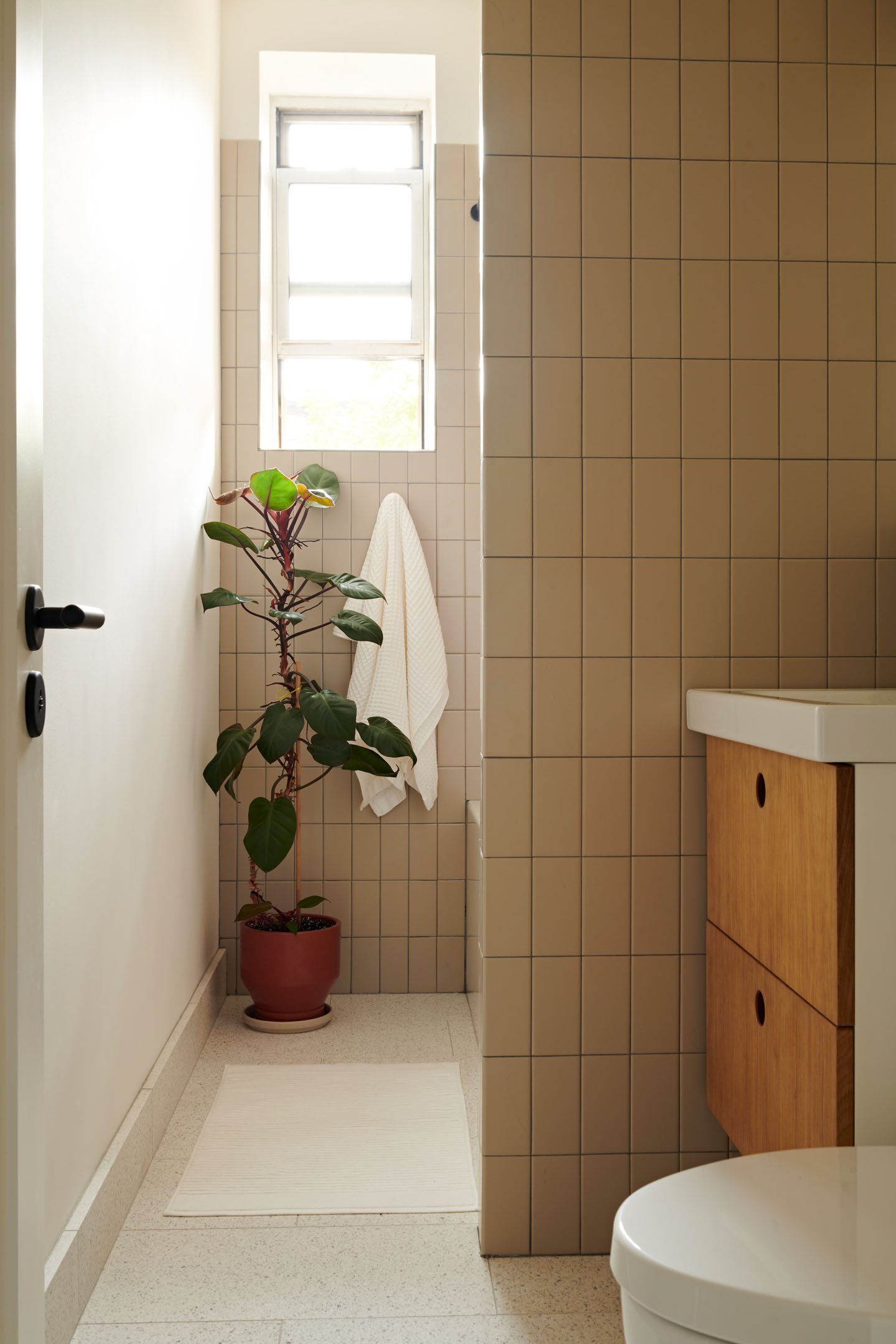 Small full sized bathroom with tan wall tile, a small window, a wooden vanity with white sink, and a plant