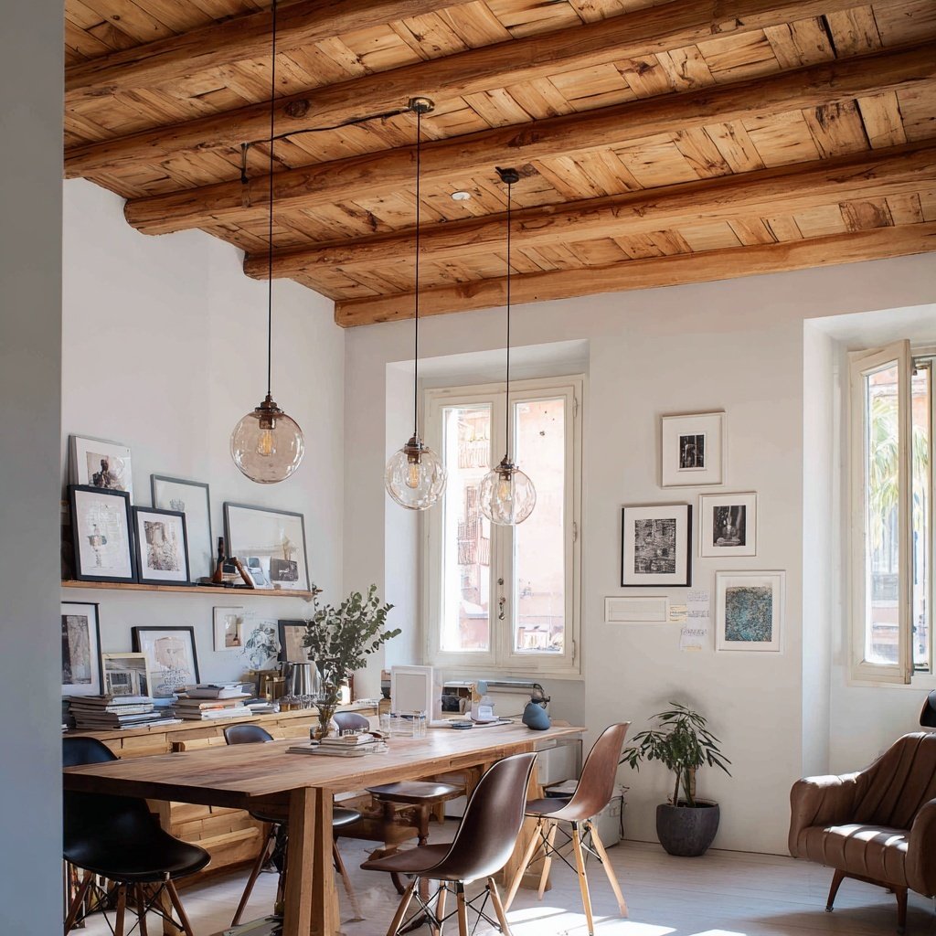 A bright dining and workspace with a long wooden table and mixed chairs beneath exposed wooden ceiling beams. Pendant glass lights hang overhead, framed artwork lines the walls and shelves, and sunlight streams in through tall windows, creating a warm, modern rustic atmosphere.
