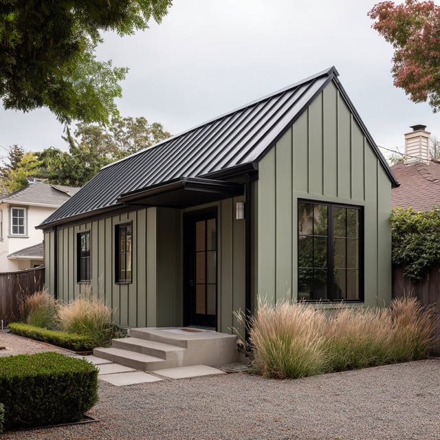 A small, light green, one-story ADU with a black metal roof, board-and-batten siding, and dark-trimmed windows.
