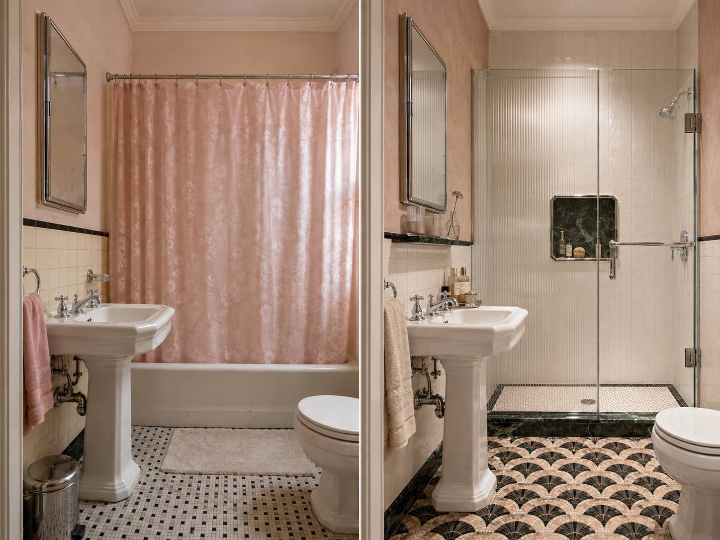 Soft Art Deco Apartment — Blush, Reeded Glass, and Green Marble