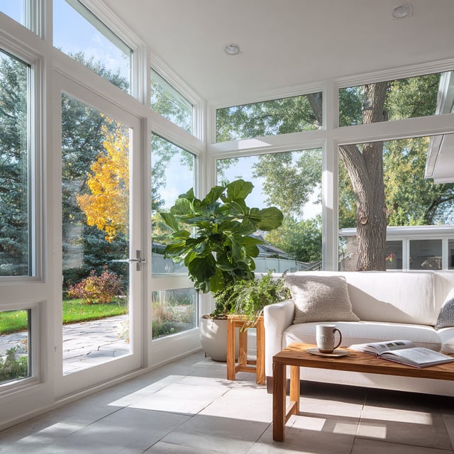 A bright sunroom with white walls, a large white sofa, wooden coffee tables, and many windows overlooking a lush outdoor yard.