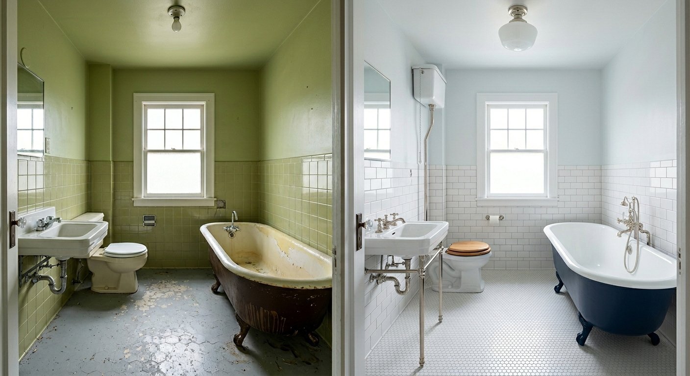 Bathroom, before (green tile, rusted clawfoot tub) and after (white subway tile, navy clawfoot tub, penny tile floor.
