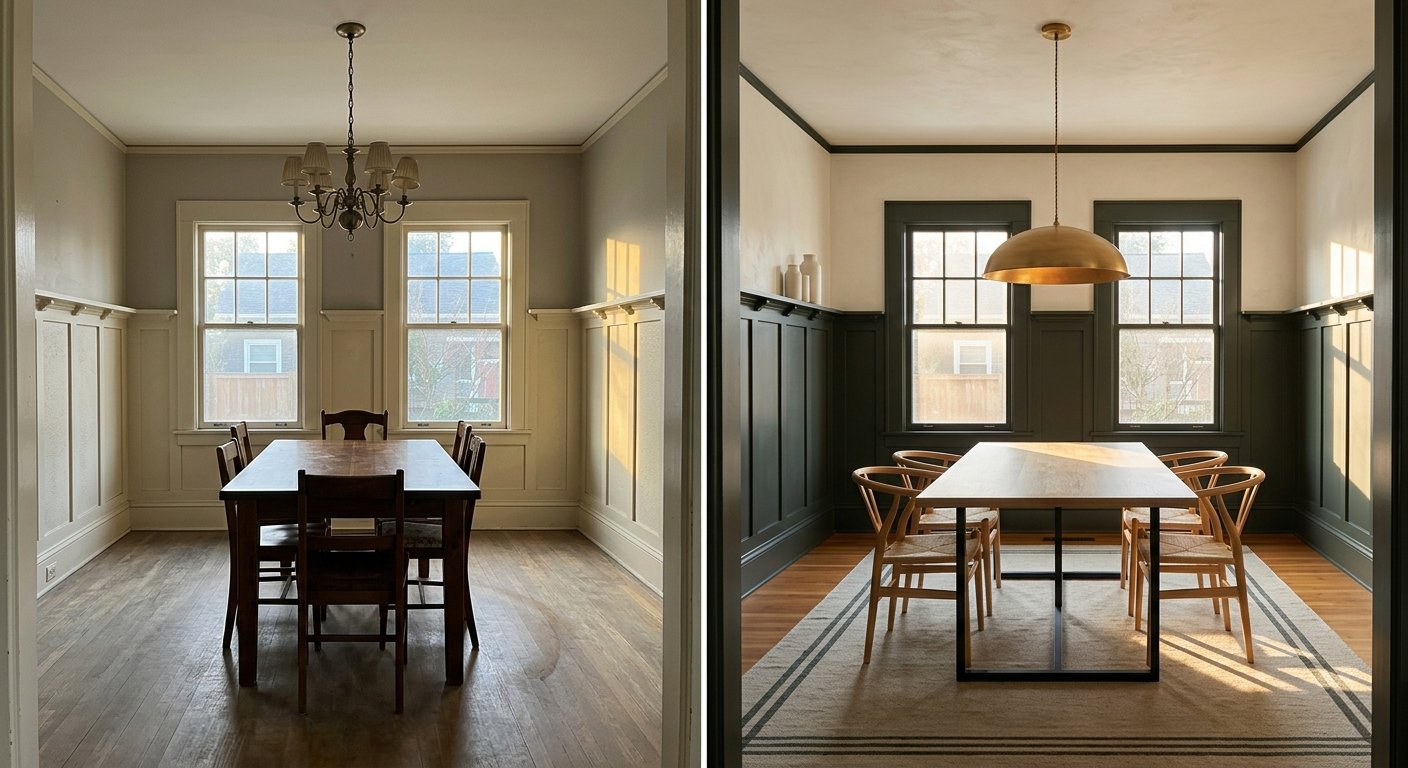 Dining room with original wainscoting, before (light cream trim) and after (deep forest green trim with wishbone chairs.