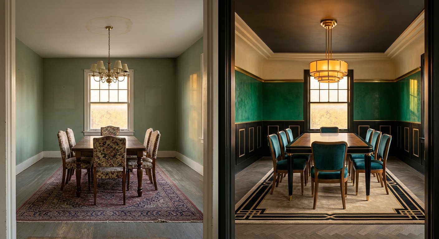 Dining room, before (faded green with floral upholstered chairs) and after (emerald lacquer walls with black paneling and teal velvet chairs.