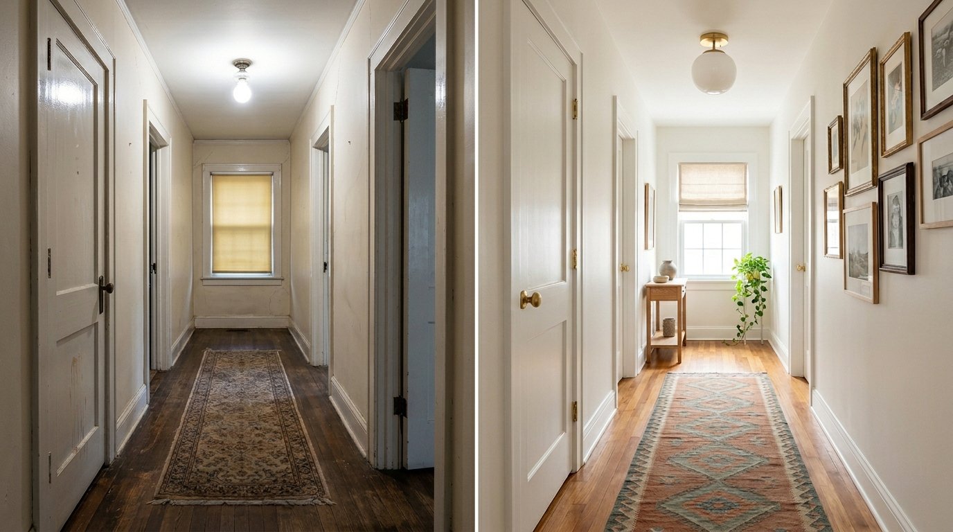 Narrow hallway with single bulb and yellowed shade, before and after with fresh paint, runner, and gallery wall.