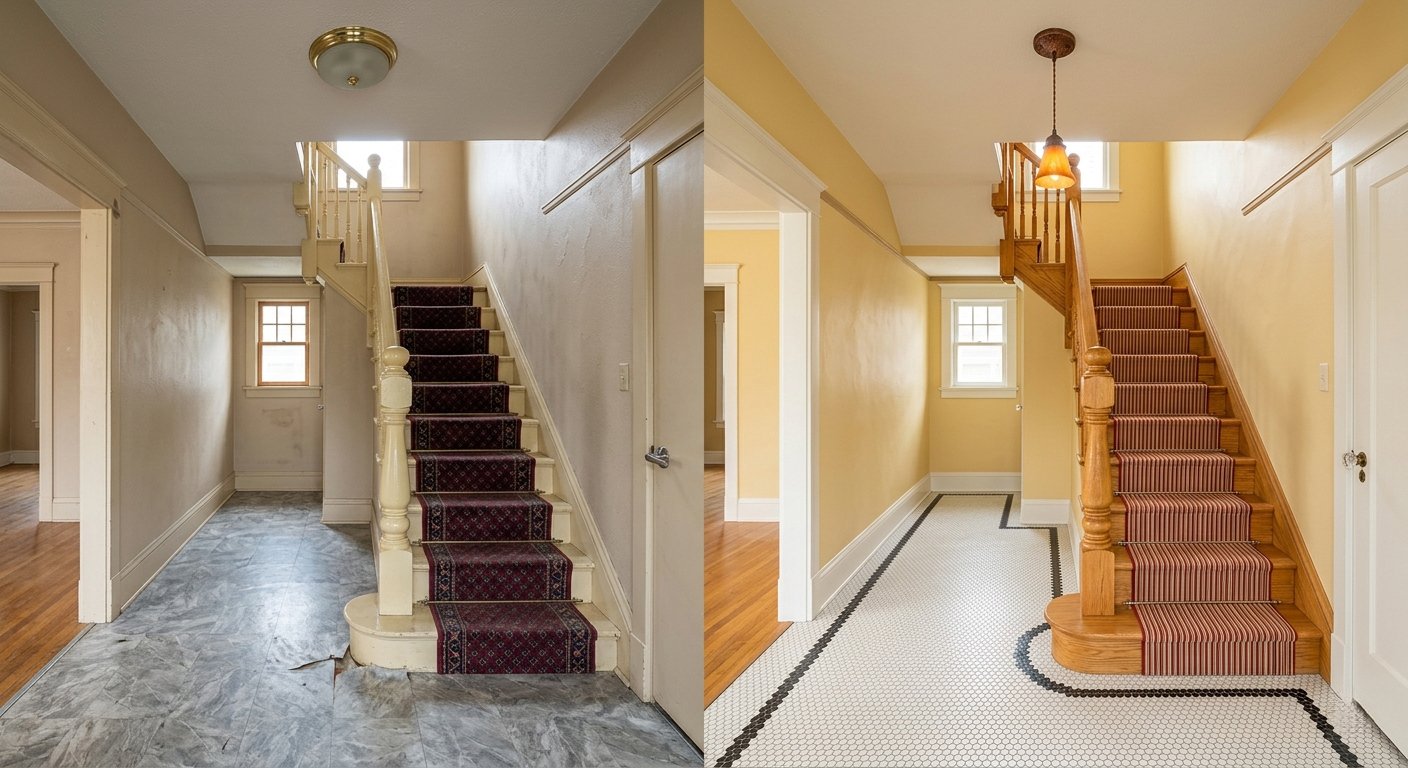 Main staircase with stained carpet runner and painted railing, before and after restoration