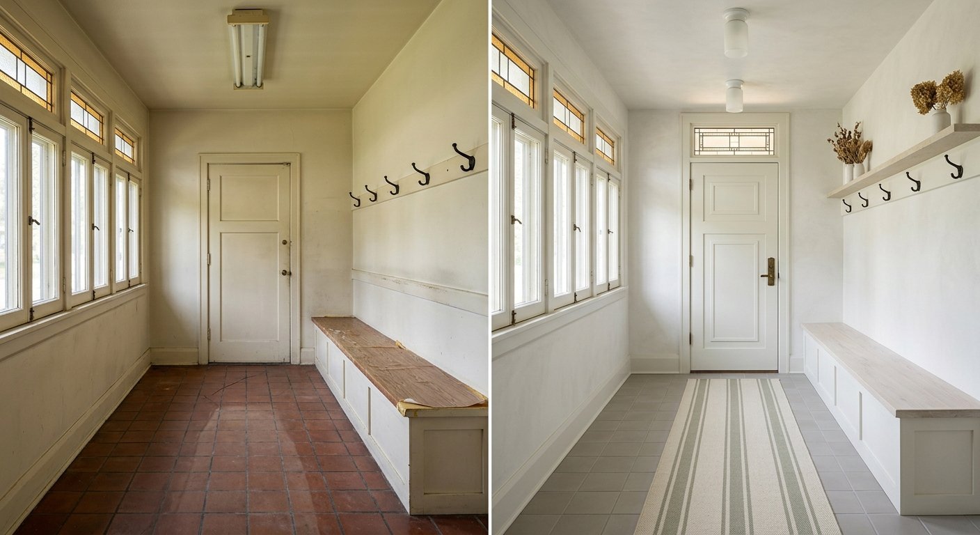 Mudroom with transom windows and built-in bench, before (terracotta tile, worn bench) and after (gray tile, refinished bench, striped runner