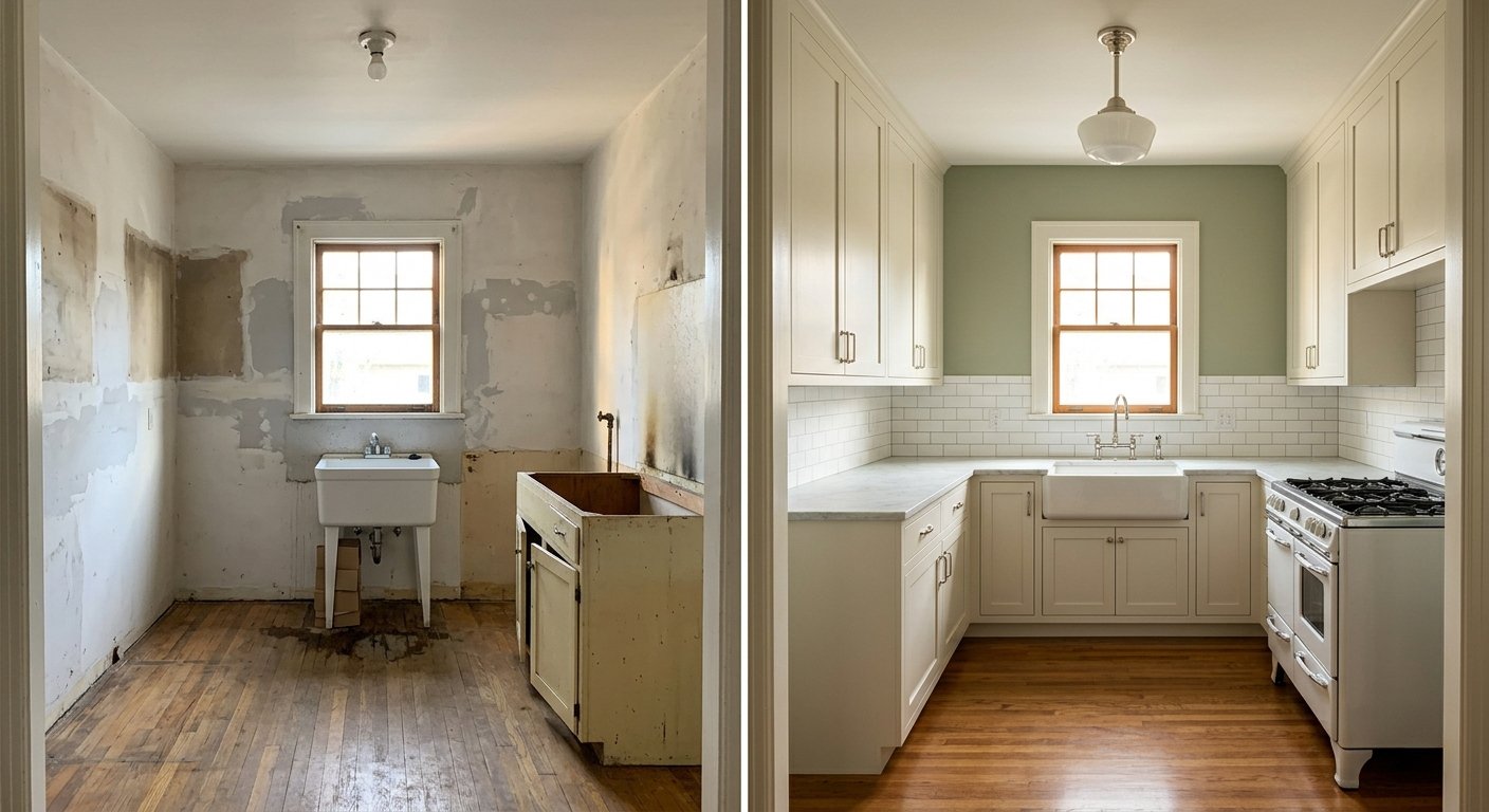 Kitchen, before (stripped walls, standalone sink) and after (white inset cabinets, sage accent wall, farmhouse sink, subway tile.