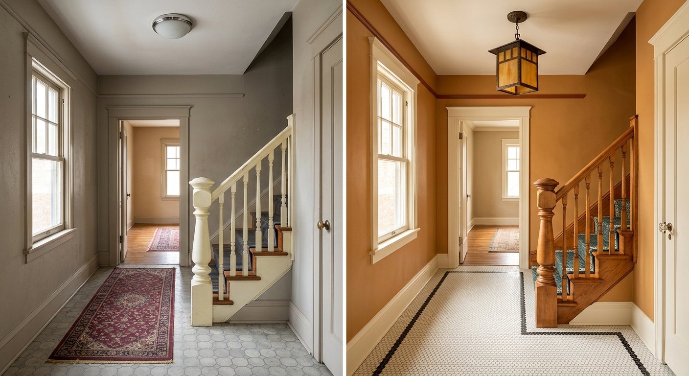 Entryway with stairs, before (gray walls) and after (warm terracotta walls with mission pendant.