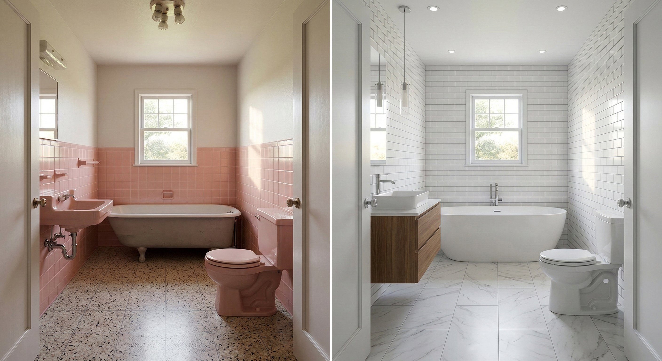 Pink bathroom transformed into a modern white marble space.