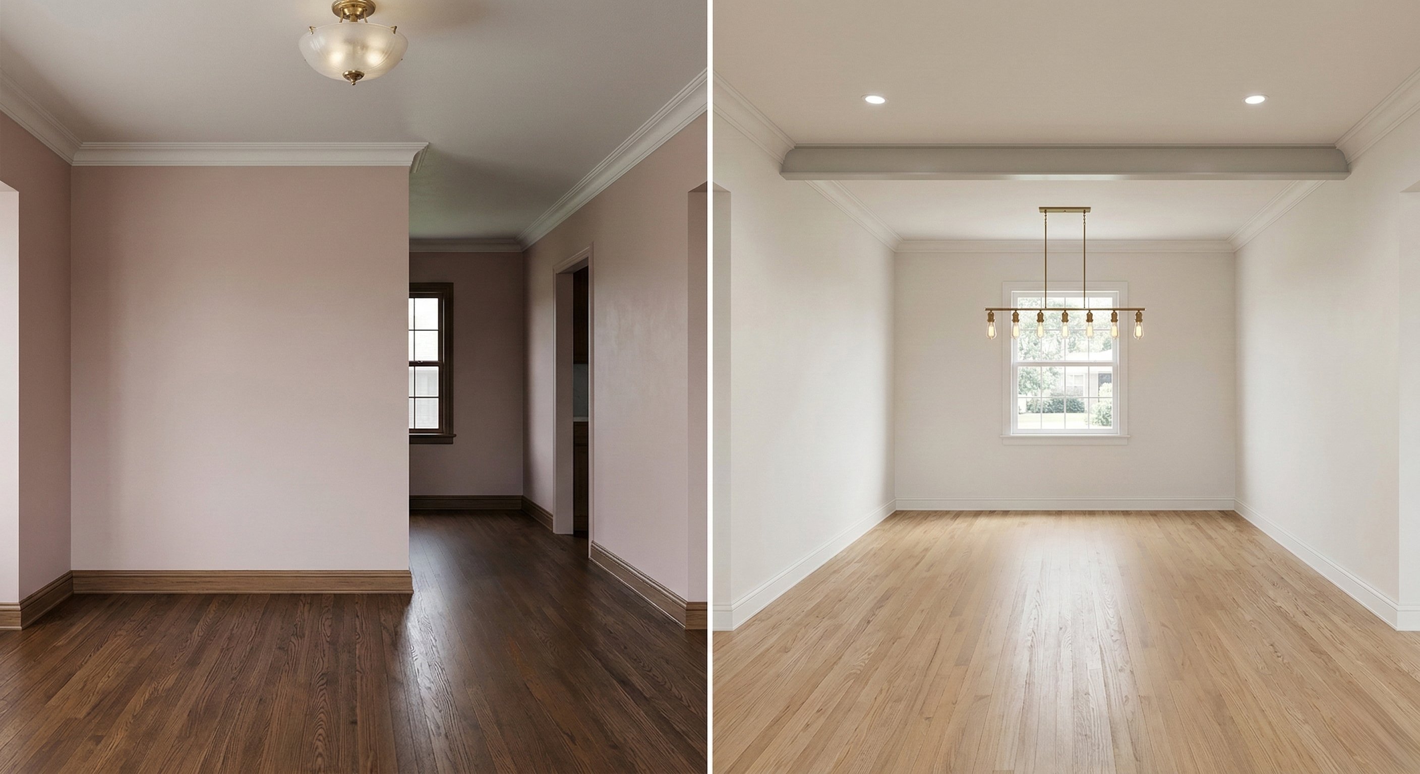 Bright open living space with light oak floors and brass.