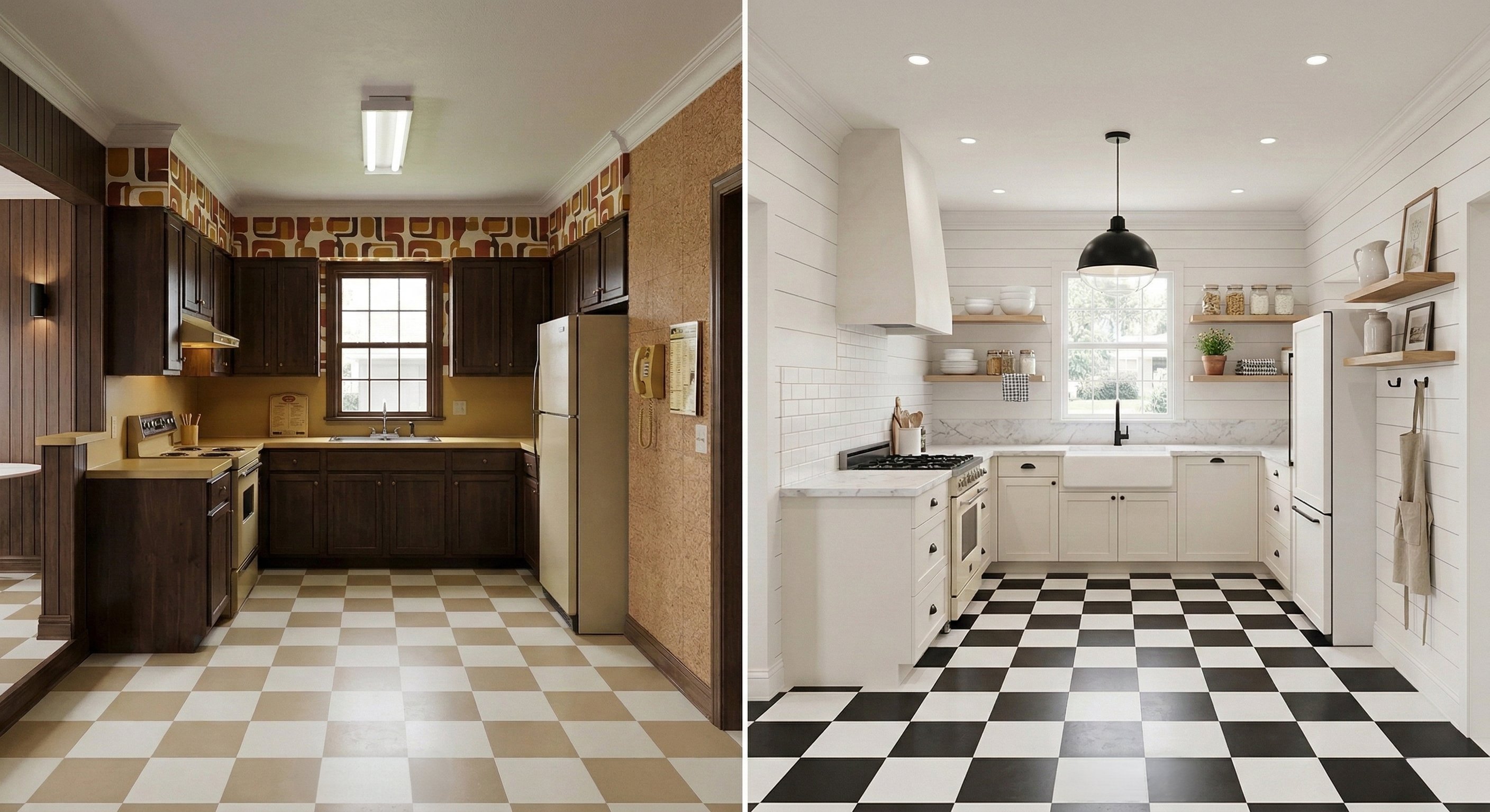 Retro kitchen renovation with black and white checker floor.