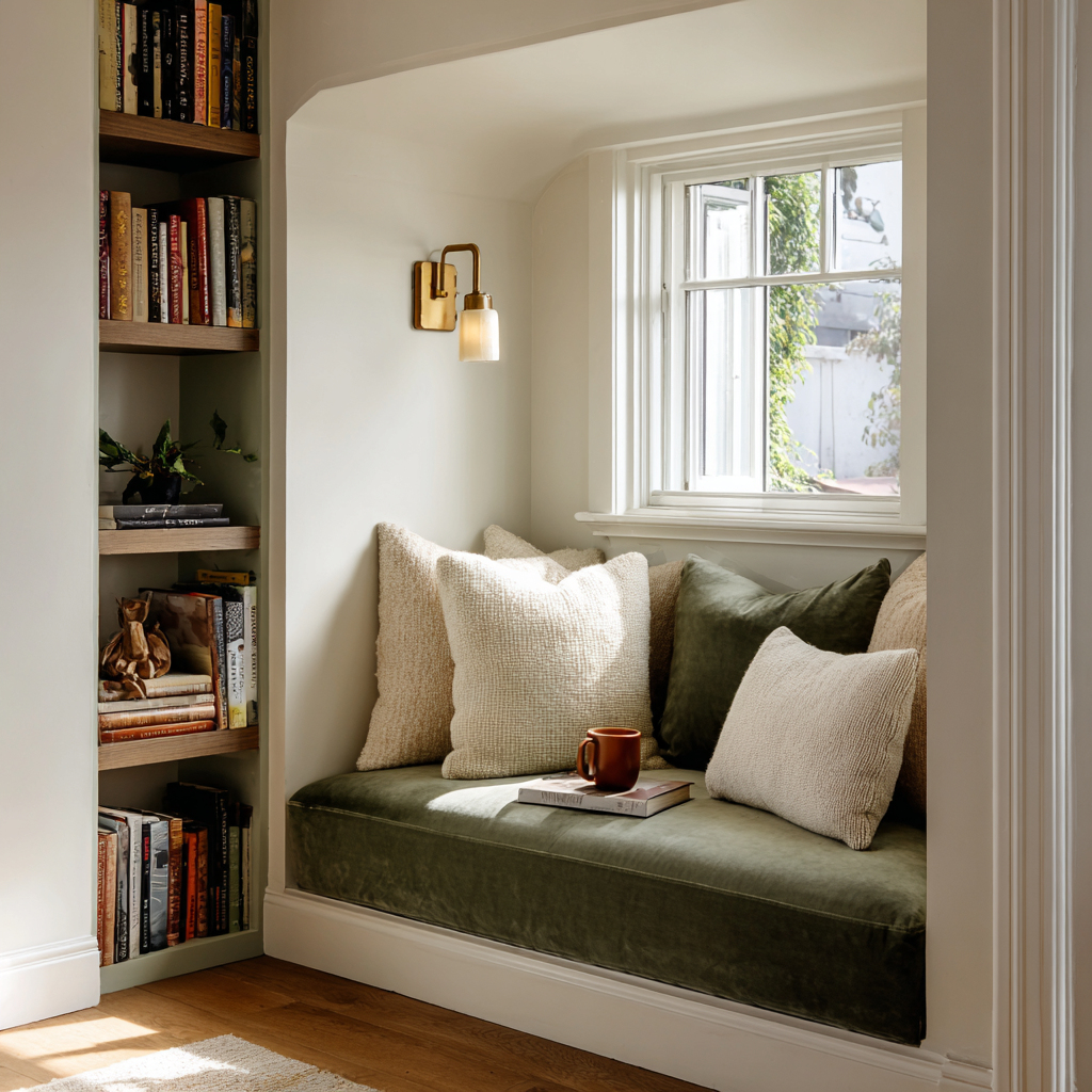 Cozy olive velvet nook with brass sconce and bookshelves.