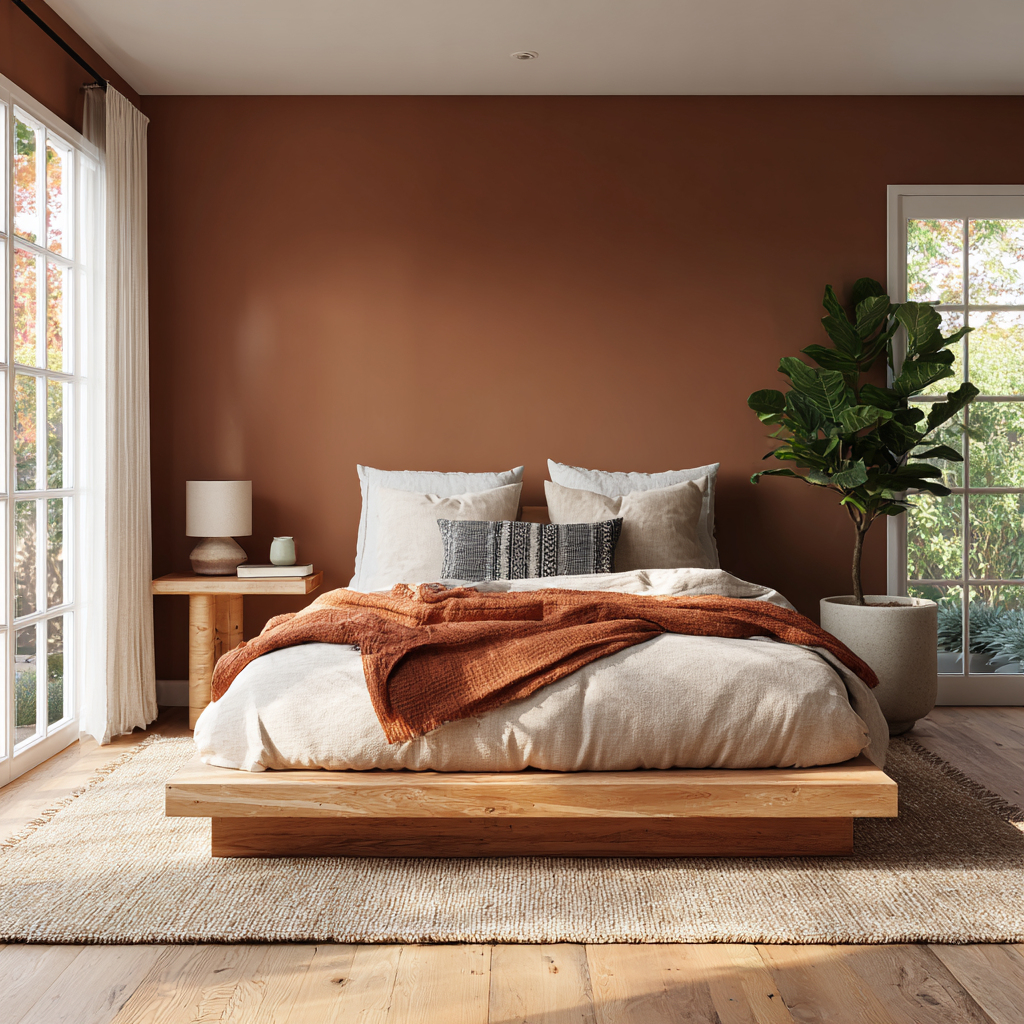 Warm terracotta bedroom with oak platform bed and linens.
