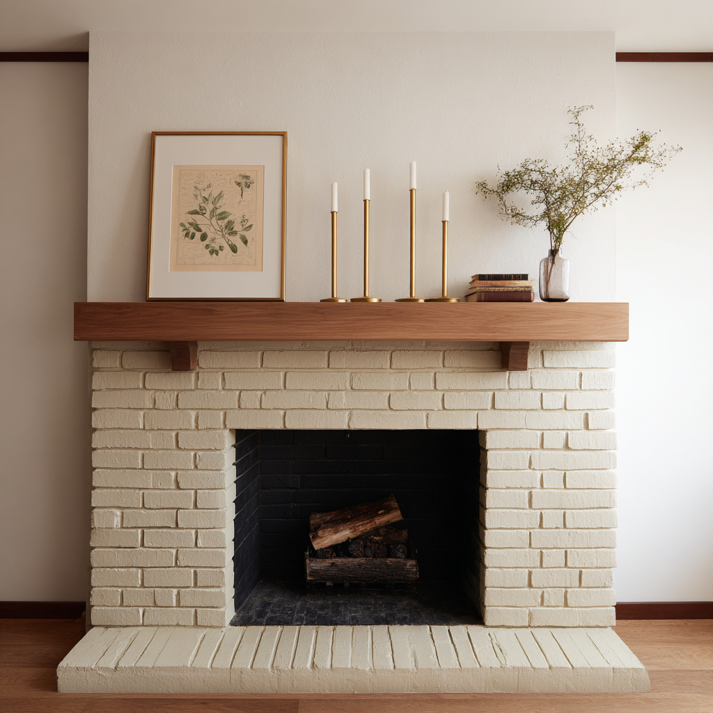 You said describeLimewashed brick fireplace with walnut mantel and decor.