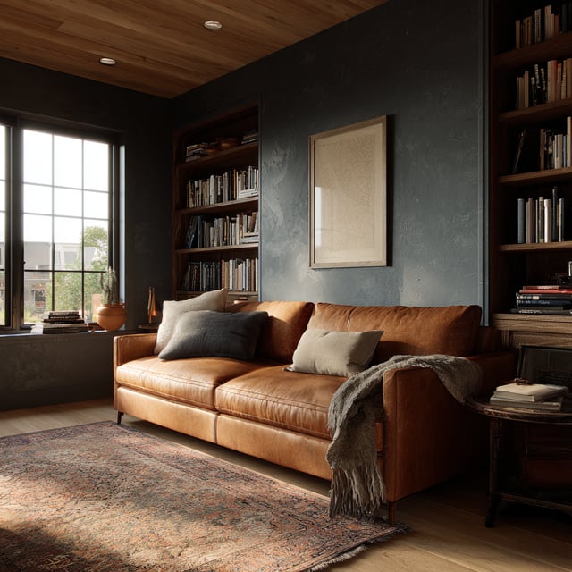 Leather sofa in a dark room with built-in bookshelves.