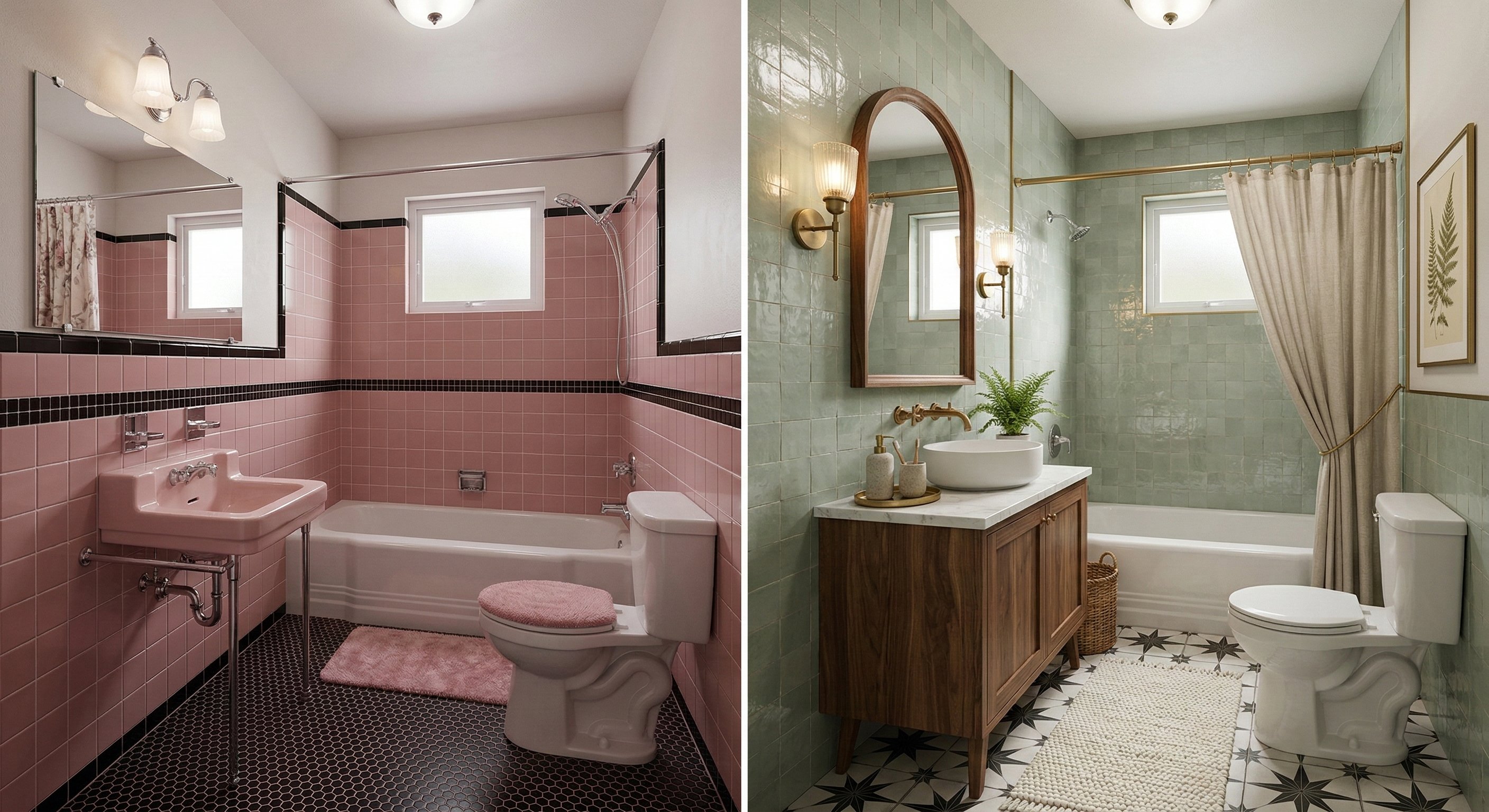 Pink tile bathroom refreshed with sage green tile and walnut vanity.