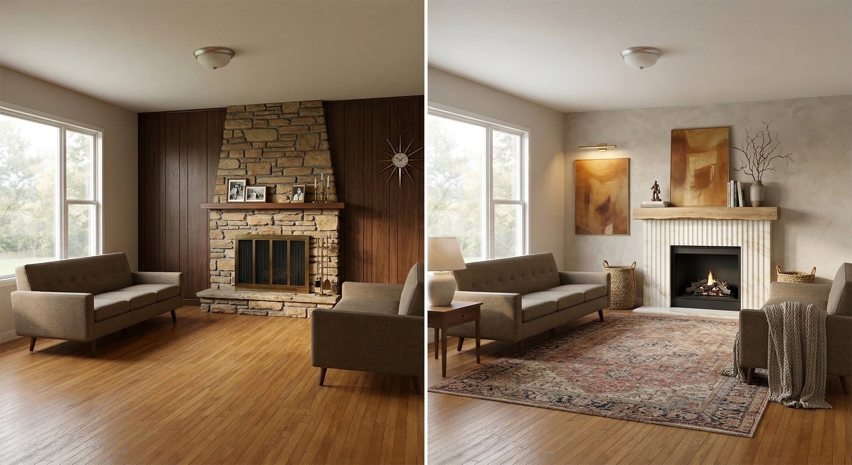 Dated brick fireplace transformed into a modern fireplace with neutral palette.