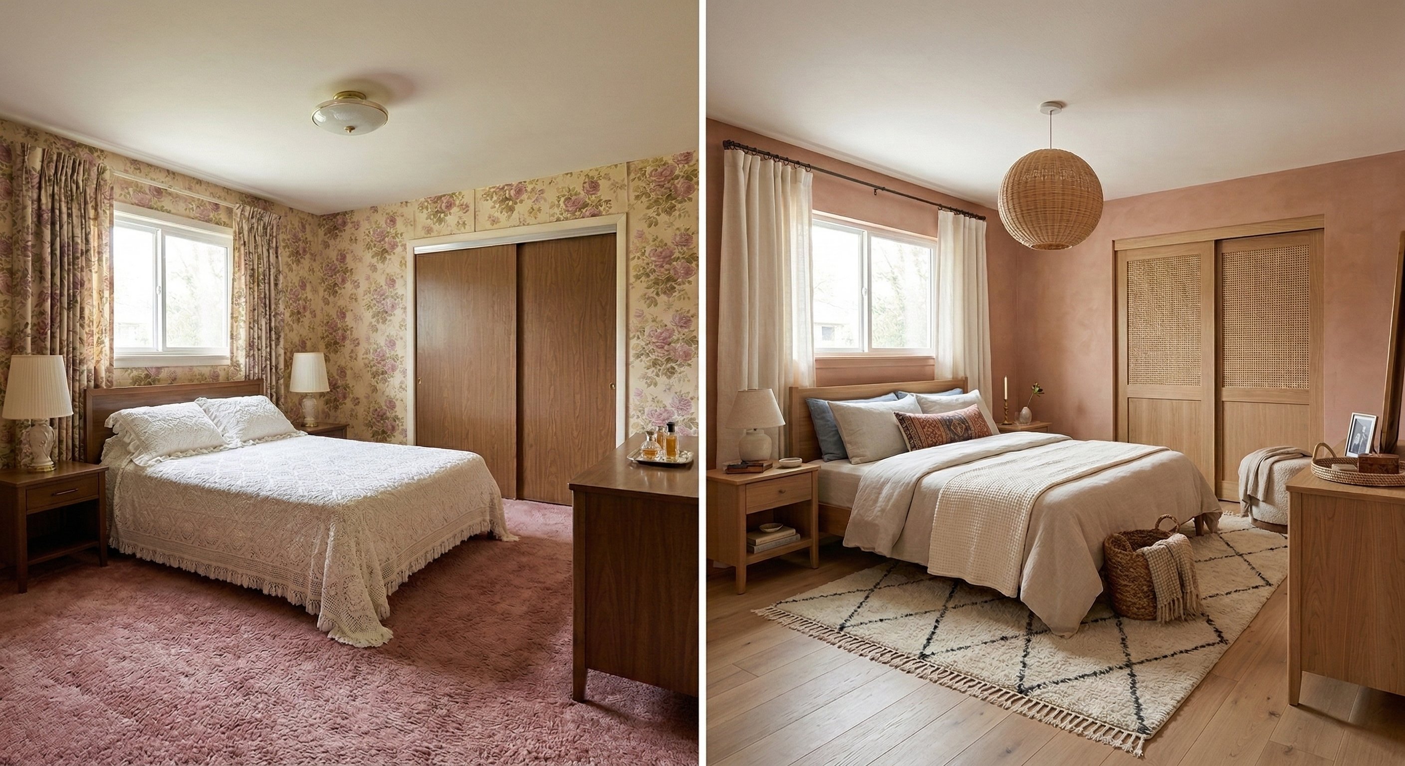 Floral wallpaper and pink carpet updated with warm plaster walls and natural textures.
