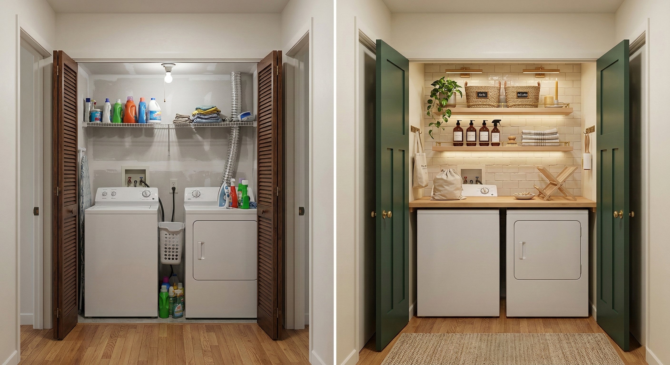 Basic utility closet upgraded with painted doors, open shelving, and tile backsplash.
