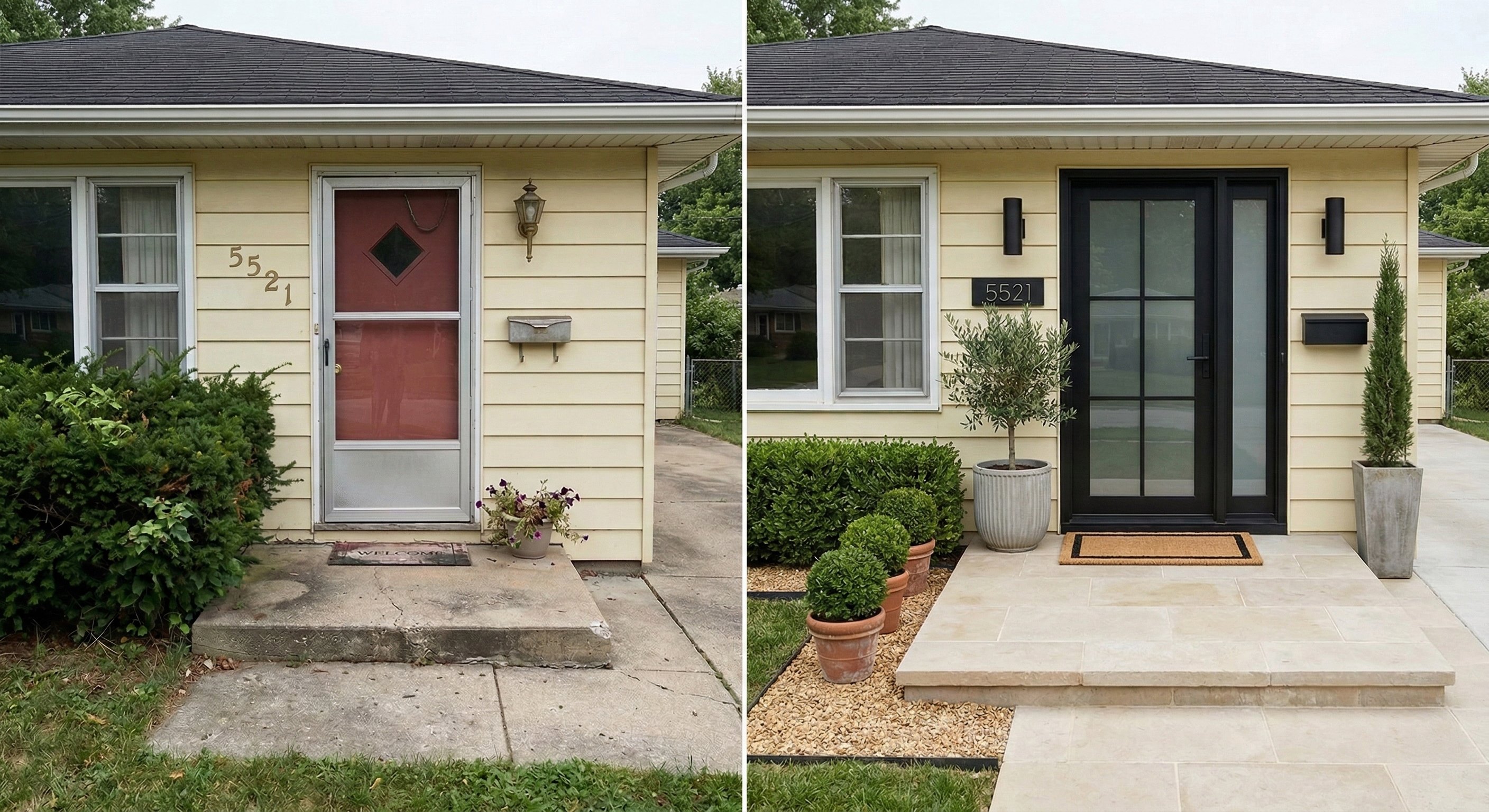 Dated screen door updated with modern black glass door and landscaping.