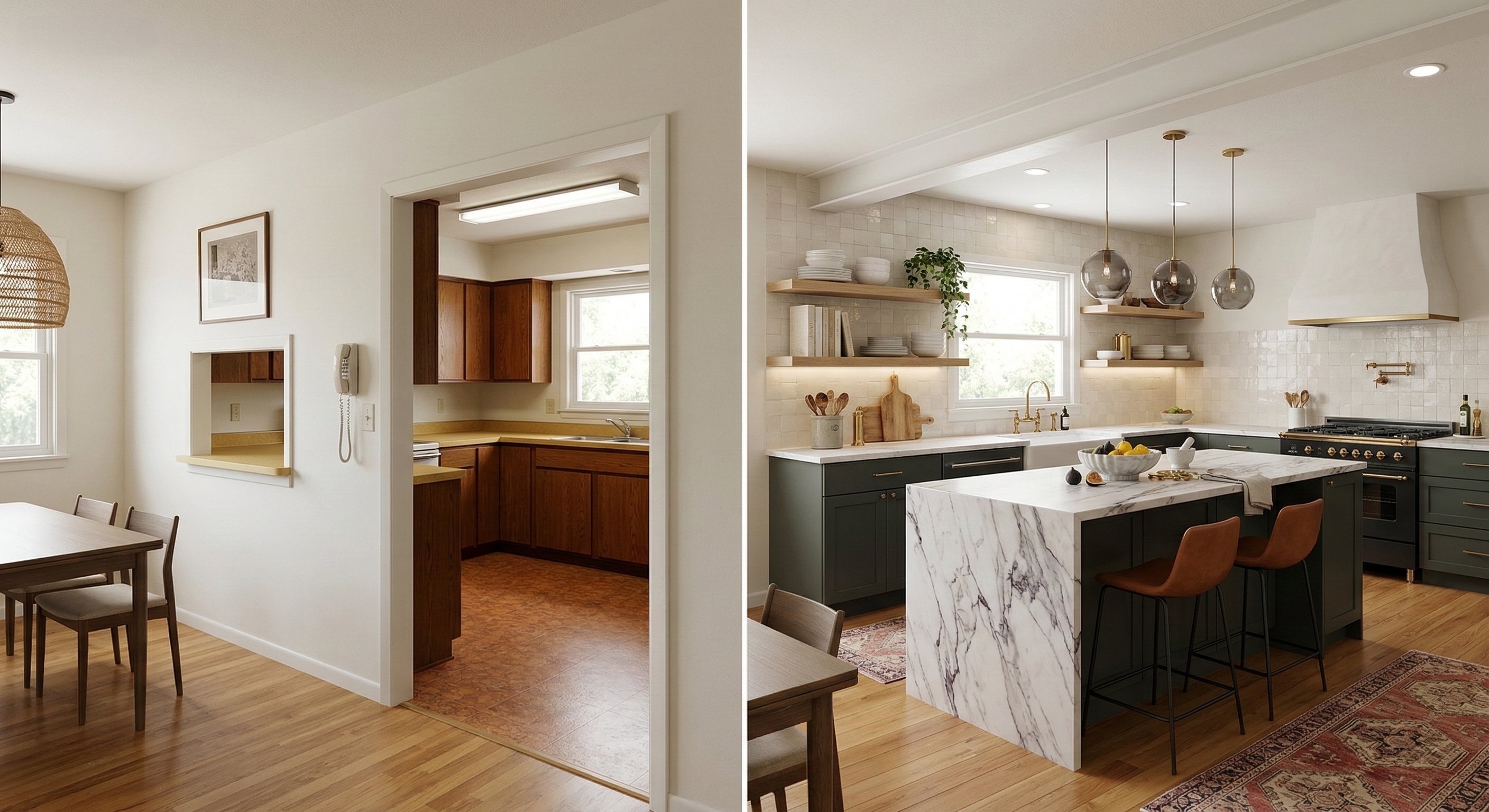 Open kitchen with marble island replaces dark wood cabinets.