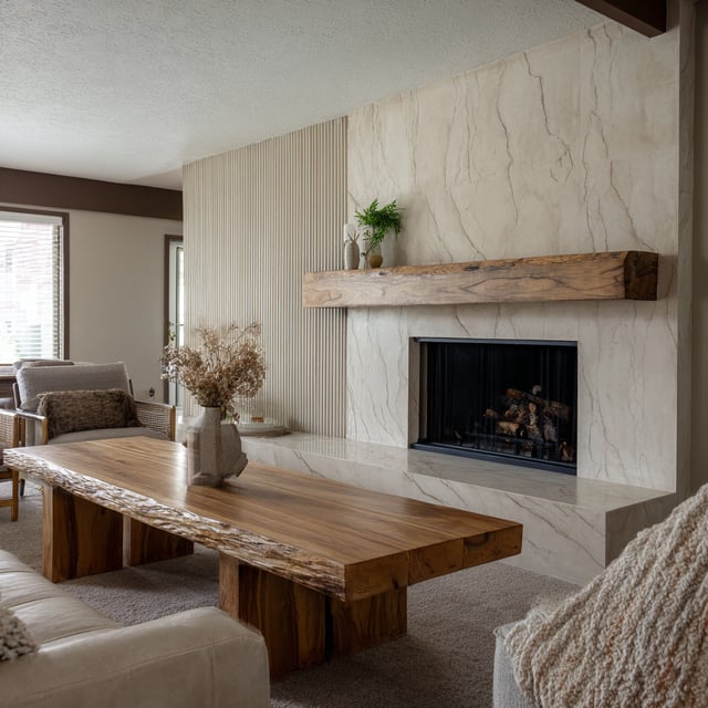 Modern 1960s ranch living room with a stone fireplace wall.