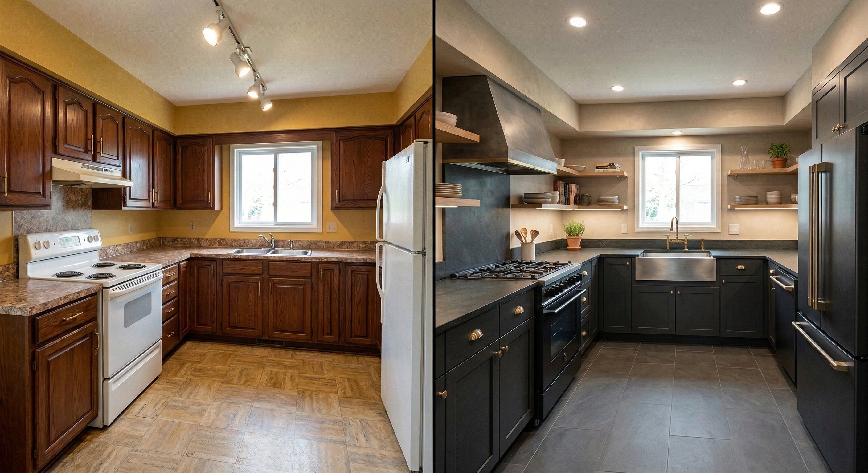 Before: Medium-toned walnut cabinets, yellow painted walls, track lighting, white appliances, laminate countertops with a faux stone pattern, and faux wood-look floor tiles. After: Near-black charcoal shaker cabinets, dark slate countertops, a large custom metal range hood, floating wood open shelves on either side of the window, a stainless apron-front farmhouse sink, dark gray large-format floor tiles, and brushed brass hardware.
