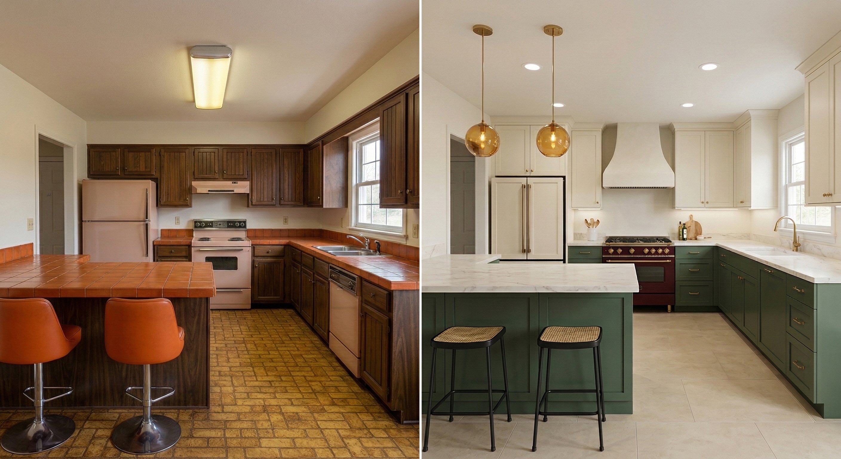 Before: Dark walnut cabinets, a peninsula and countertops wrapped in terracotta orange ceramic tile, pink appliances, and yellow-brown linoleum floors with orange vinyl barstools. After: Hunter green lower cabinets, white upper cabinets, a custom arched range hood, a white marble island countertop, amber globe pendants on brass stems, cream tile floors, and rattan barstools.