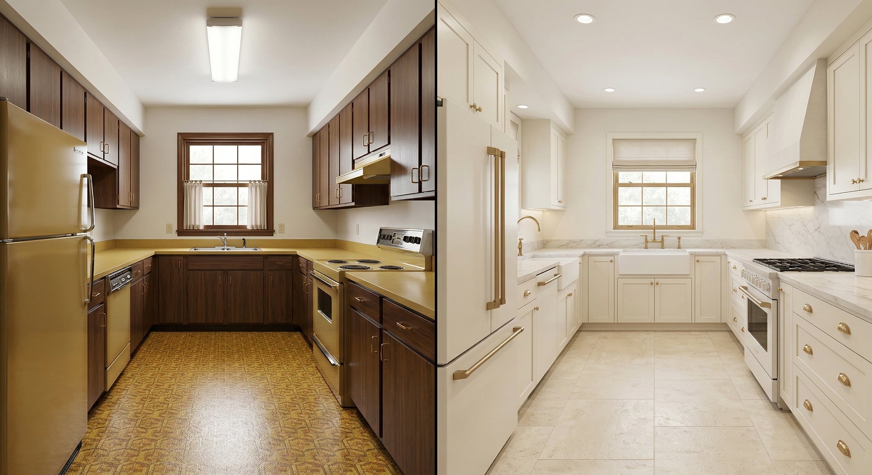 Before: Dark walnut flat-panel cabinets, mustard yellow laminate countertops and matching appliances, yellow-patterned linoleum flooring, and small cafe curtains on the window. After: Warm cream shaker cabinets, full-slab marble countertops and backsplash, brushed brass hardware, an apron-front farmhouse sink, a bridge faucet, and cream stone tile flooring.