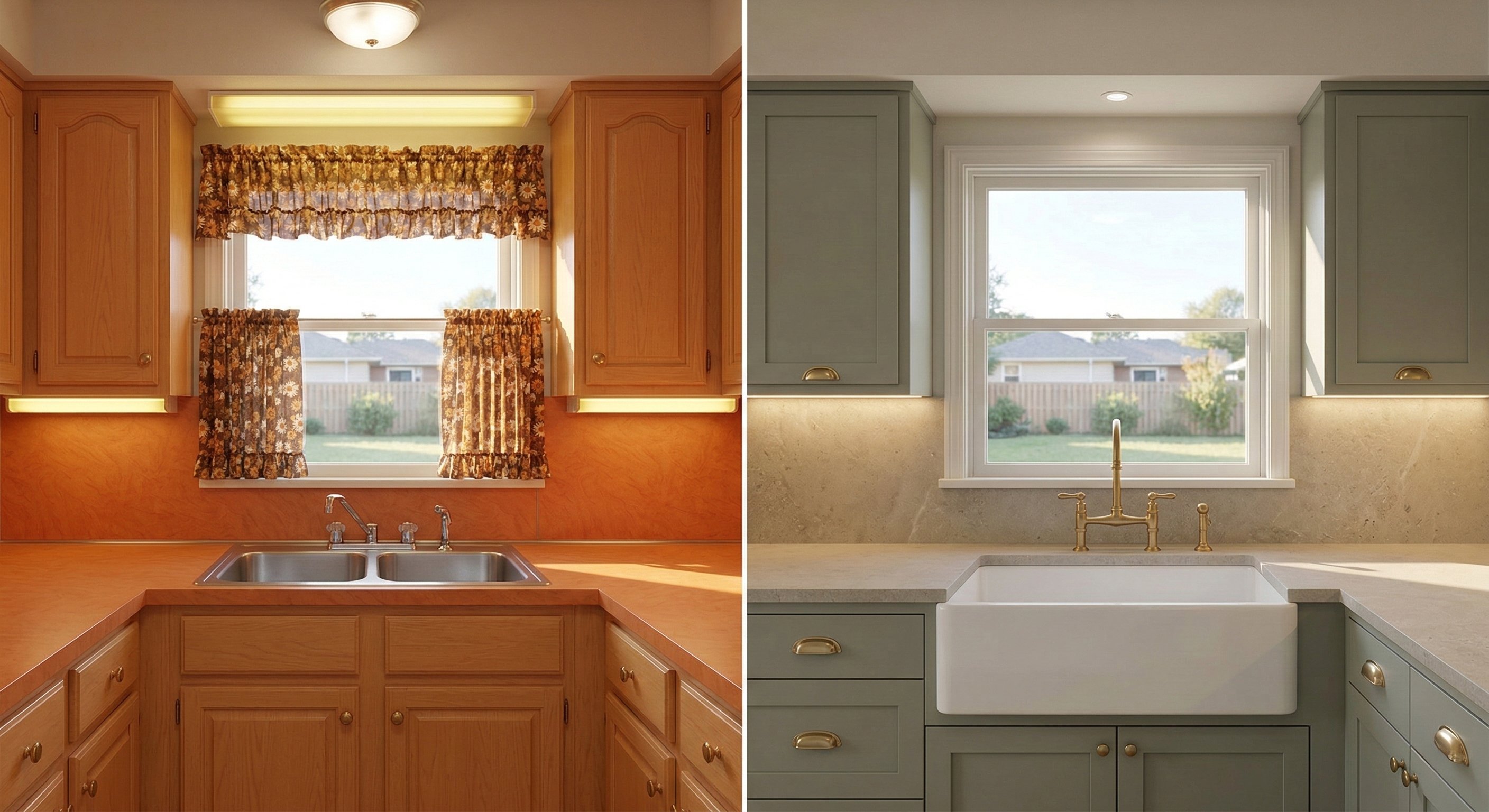 Honey oak raised-panel cabinets, floral café curtains, a drop-in double stainless sink, chrome faucet, and orange laminate countertops. After: The same cabinet footprint repainted in soft sage-gray, brass cup-pull hardware, a white apron-front farmhouse sink, a bridge-style brass faucet, a marble-look stone backsplash, and a simple Roman shade replacing the curtains.