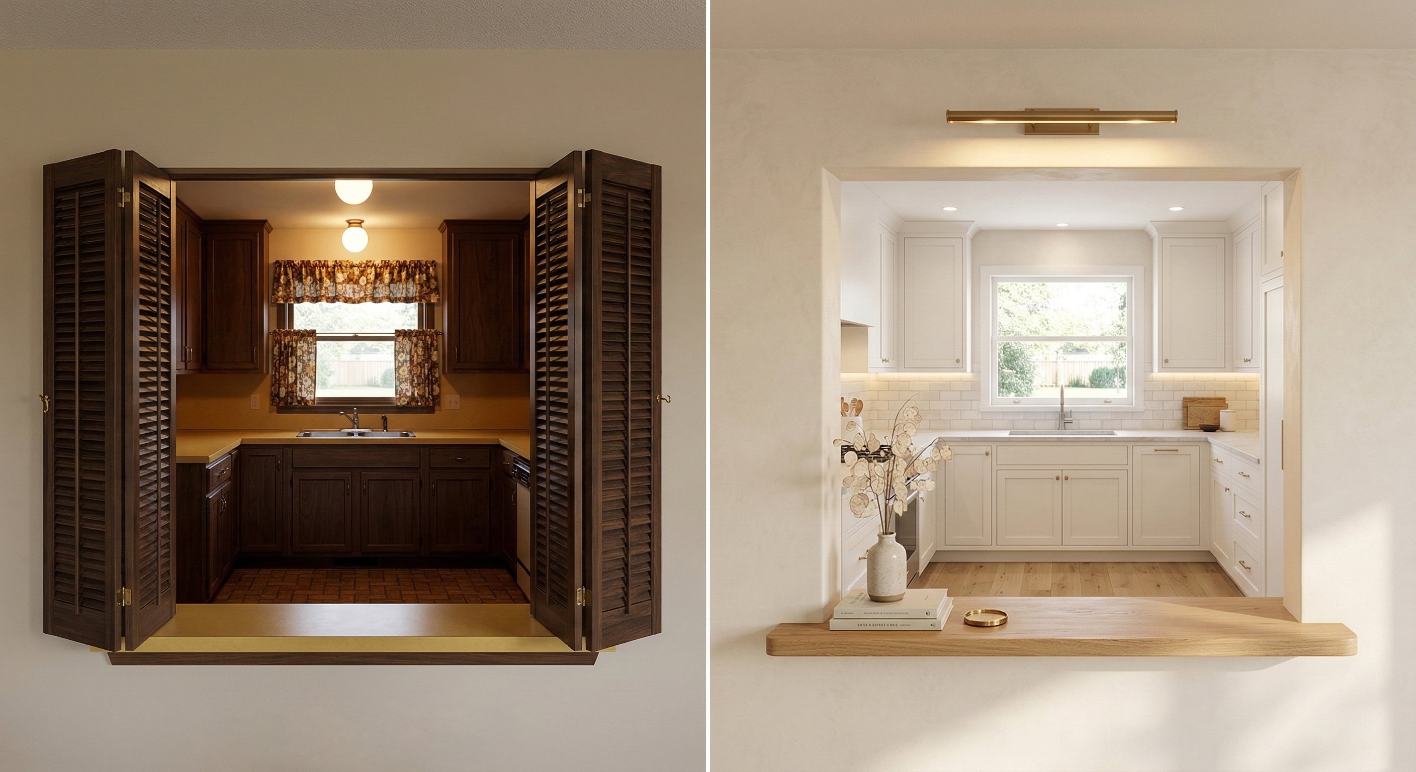 Before: A small kitchen viewed through a pass-through opening flanked by dark wood louvered bi-fold shutter doors, with dark wood cabinets, floral curtains, yellow countertops, and dark brick-pattern flooring visible inside. After: The same opening with the shutters replaced by a warm oak floating ledge shelf, the kitchen interior now featuring white cabinets, subway tile backsplash, a stainless sink, and light wood floors—a simple vase of dried stems staged on the ledge.