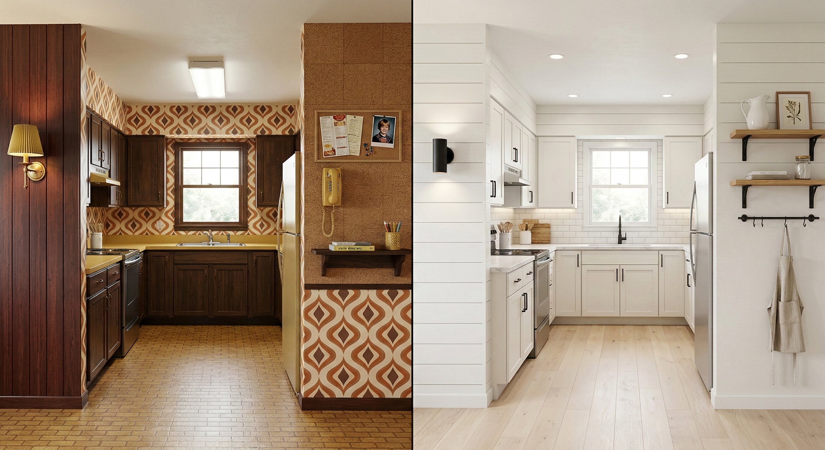Before: Dark espresso cabinets surrounded by floor-to-ceiling graphic brown-and-tan ogee wallpaper, a cork bulletin board wall, a yellow rotary wall phone, and yellow laminate countertops. After: Crisp white shaker cabinets, subway tile backsplash, painted shiplap walls, blonde wood floors, and matte black hardware.