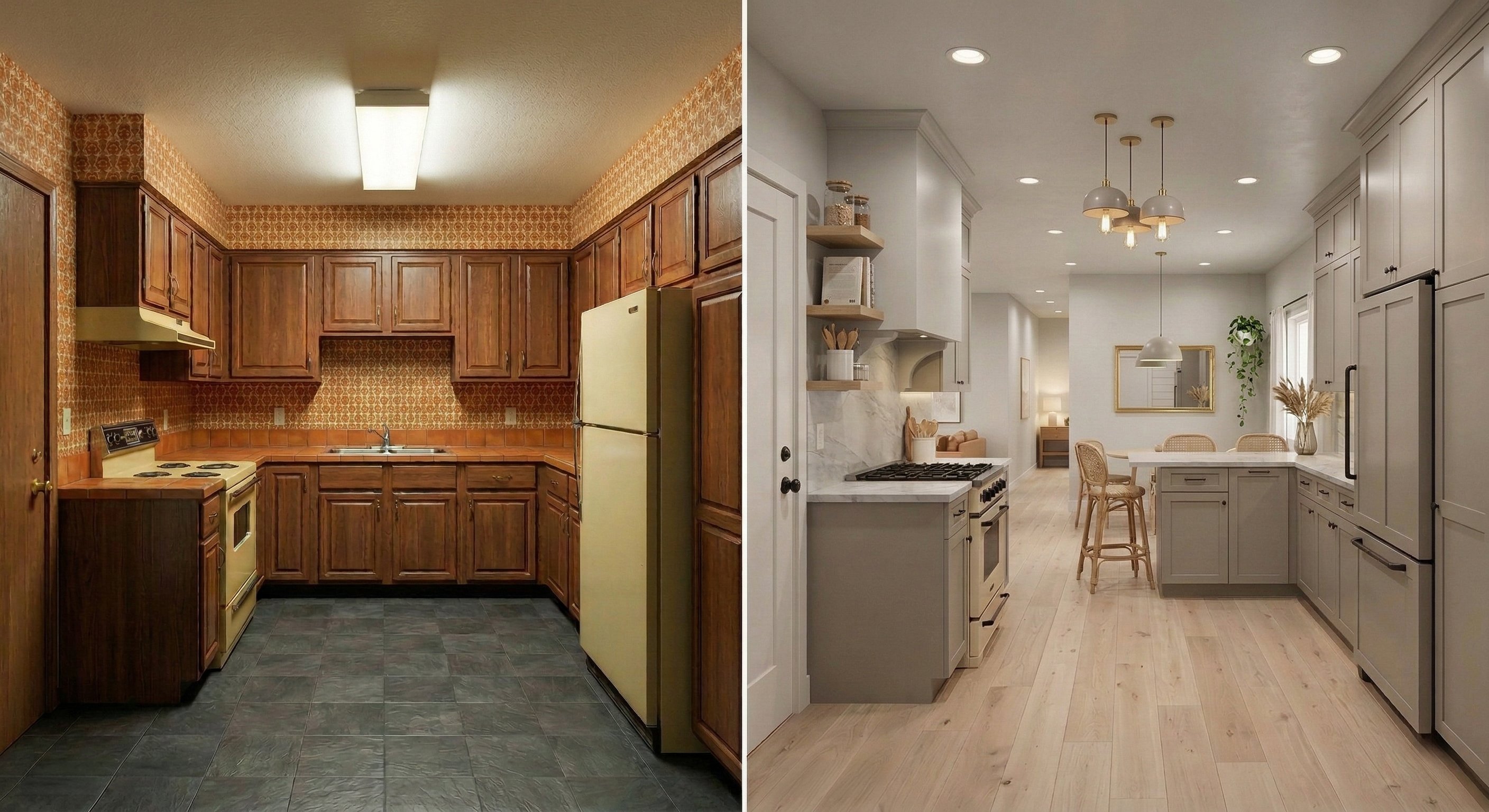 Before: Dark walnut cabinets, orange-and-brown patterned wallpaper, slate tile floor, and a single fluorescent ceiling fixture. After: Sage-gray shaker cabinetry, warm blonde wood floors, a marble backsplash, and a new island beneath a trio of brushed gold pendants—the wall to the adjacent room opened to create the island footprint.