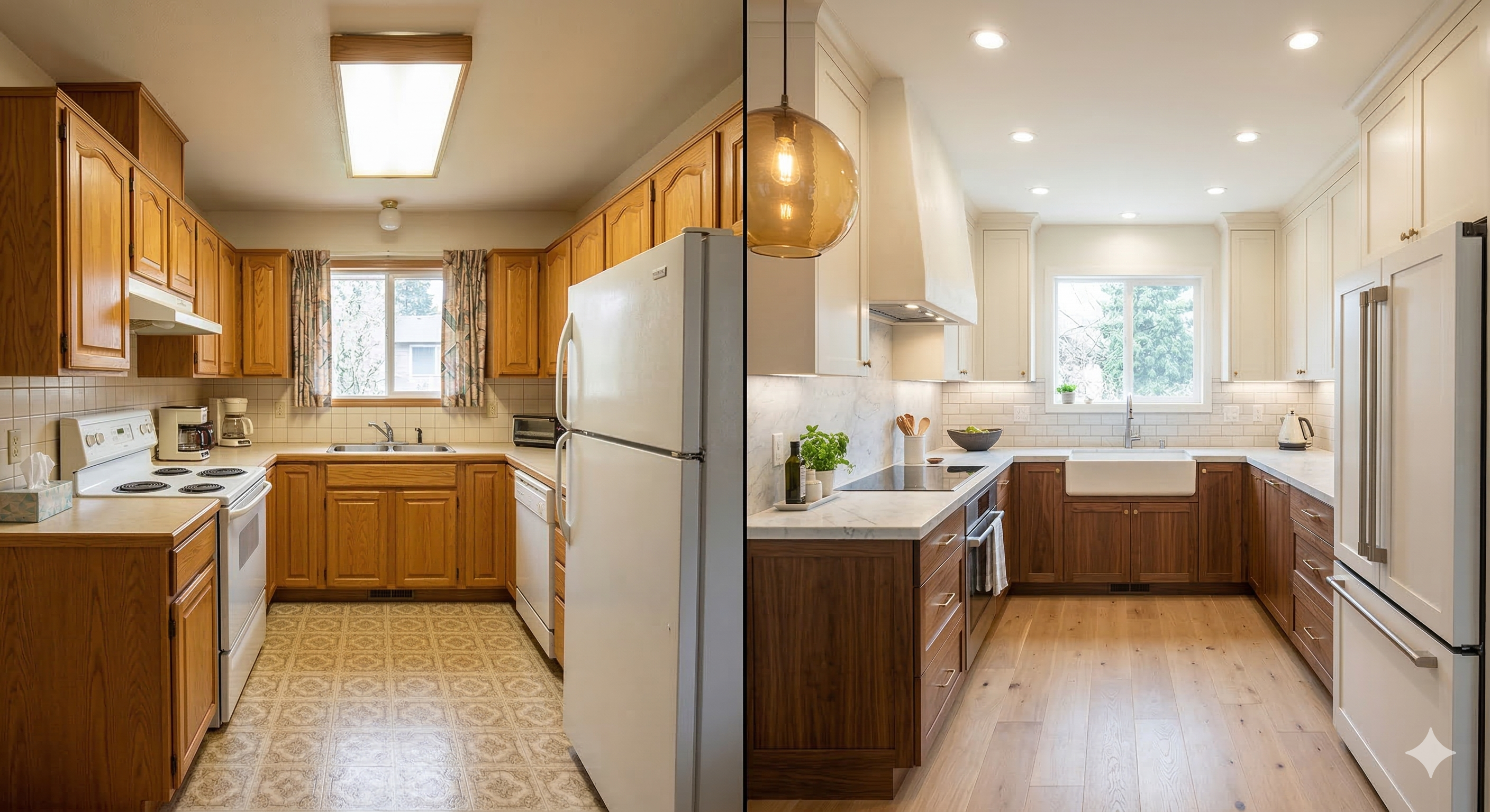 [IMAGE: BEFORE: U-shaped kitchen with uniform honey oak raised-panel cabinets on uppers and lowers, floral-pattern vinyl floor in beige and cream, white coil-burner range, top-mount refrigerator, and standard stainless drop-in sink. AFTER: Same U-shape with deep walnut flat-front lower cabinets and warm white upper cabinets, both with slim bar pulls. Farmhouse apron sink beneath subway tile backsplash with tight horizontal joints. Wide-plank hardwood floors. Globe pendant over counter space.]