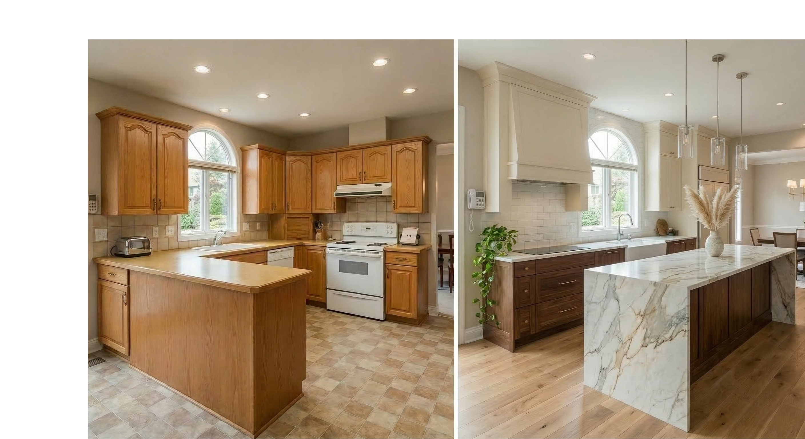 [IMAGE: BEFORE: Closed oak kitchen with built-in peninsula, arched window above sink, white coil-burner range, large beige floor tiles, and honey oak raised-panel cabinets throughout. AFTER: Same kitchen with peninsula removed, replaced by a dramatic marble waterfall island with dark walnut base. White upper cabinets and custom painted range hood. Wide-plank hardwood floors running continuously into the now-visible dining room. Pendant lighting over the island.]