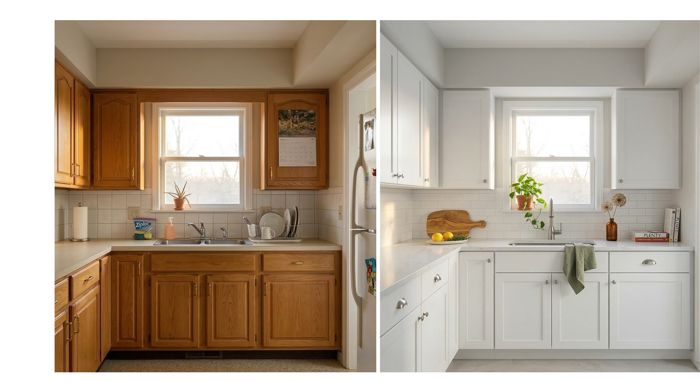 [IMAGE: BEFORE: L-shaped kitchen with honey oak raised-panel cabinets, full backsplash of large cream tiles with wide grout joints running from counter to cabinet bottom, laminate counters in matching cream, standard drop-in stainless sink, and linoleum flooring. Calendar on wall. Ziploc box on counter. Room absorbs light rather than reflecting it. AFTER: Same L-shape with white shaker cabinets extending to full ceiling height. White subway tile backsplash with tight grey grout in clean horizontal stack. White quartz counters. Undermount sink with brushed nickel faucet. Large-format pale grey floor tiles. The unchanged window now floods a room that actually receives the light.]