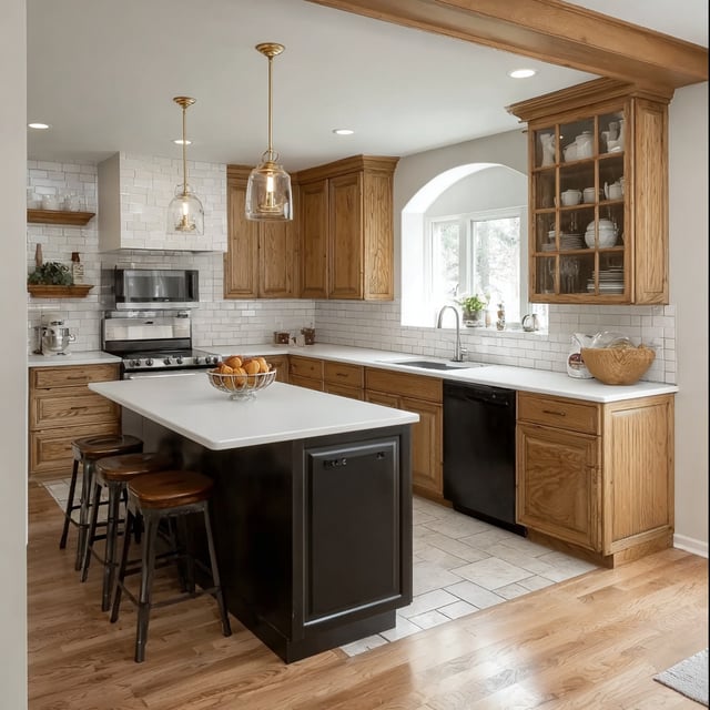 Remodeled kitchen with wood cabinets, dark island, and white subway tile.