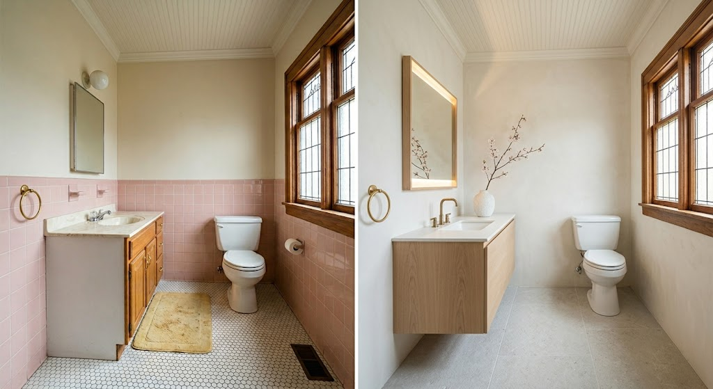 Pink tiles and oak vanity replaced by clean, zen wood tones.