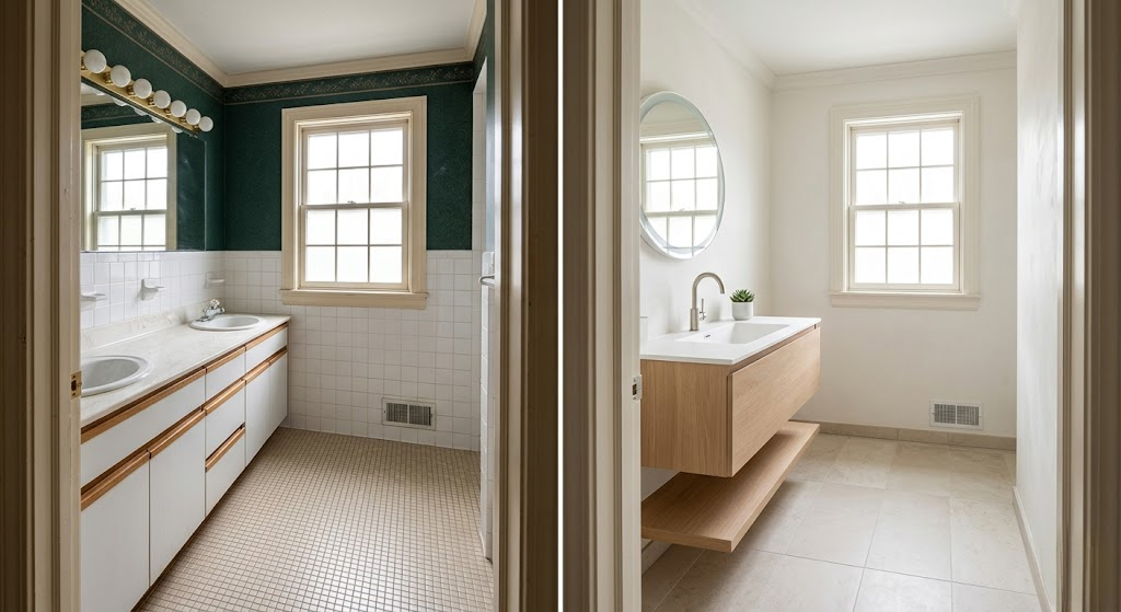 Dark green walls and old tile become bright, minimal wood.