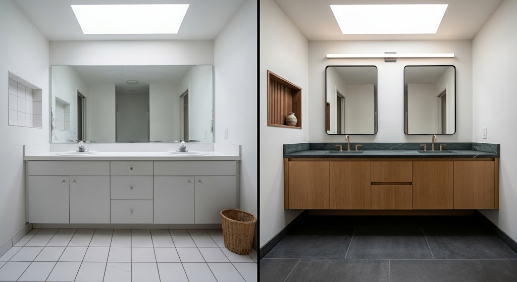 Modern wood vanity replaces old white 90s bathroom cabinets.