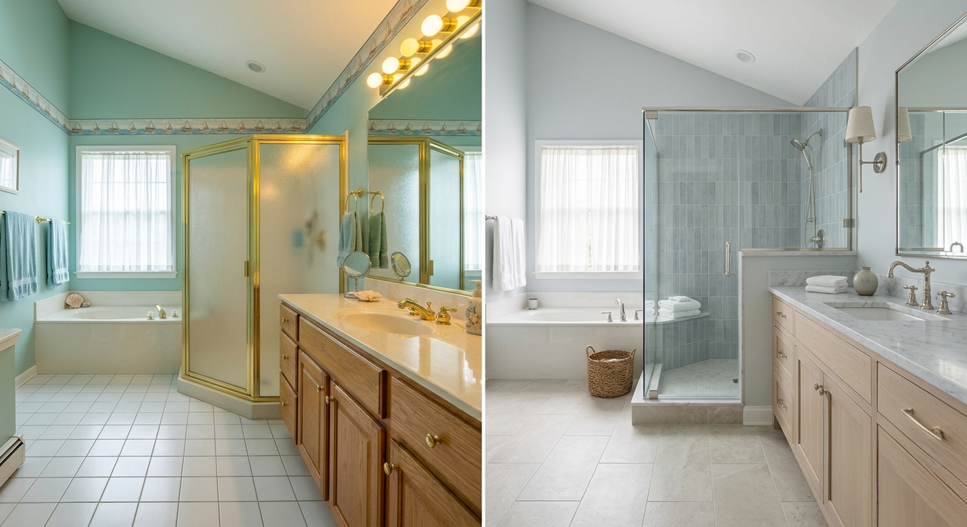 Gold trims and teal paint swapped for sleek glass and stone.