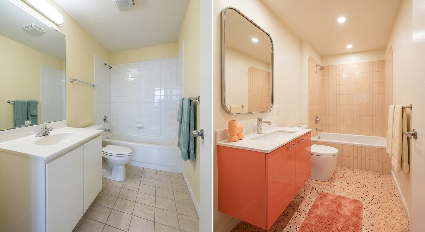  Plain white bath transformed into a vibrant retro pink space.