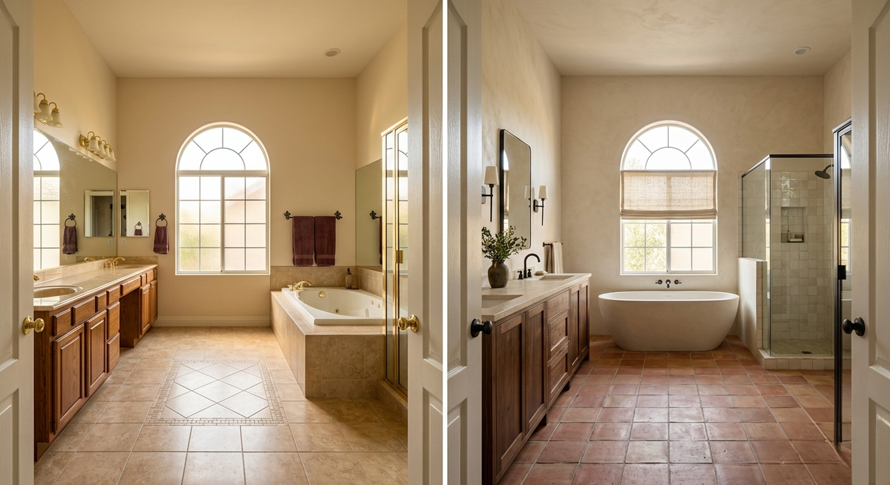  Dated beige bath evolves into a warm Mediterranean retreat.