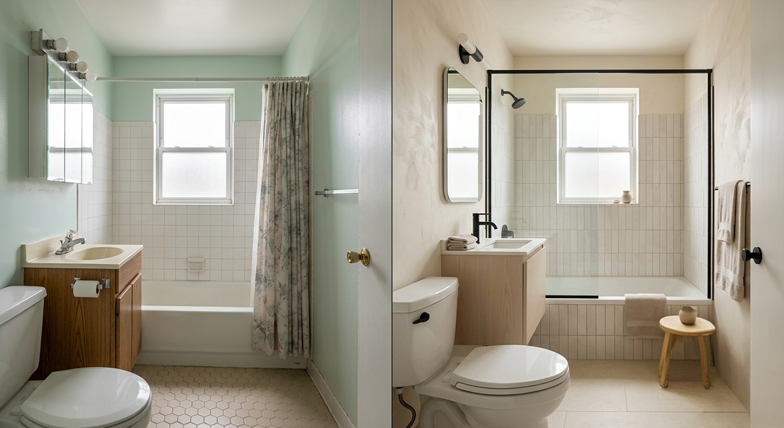 Mint green and oak bathroom updated to Japandi style oasis.
