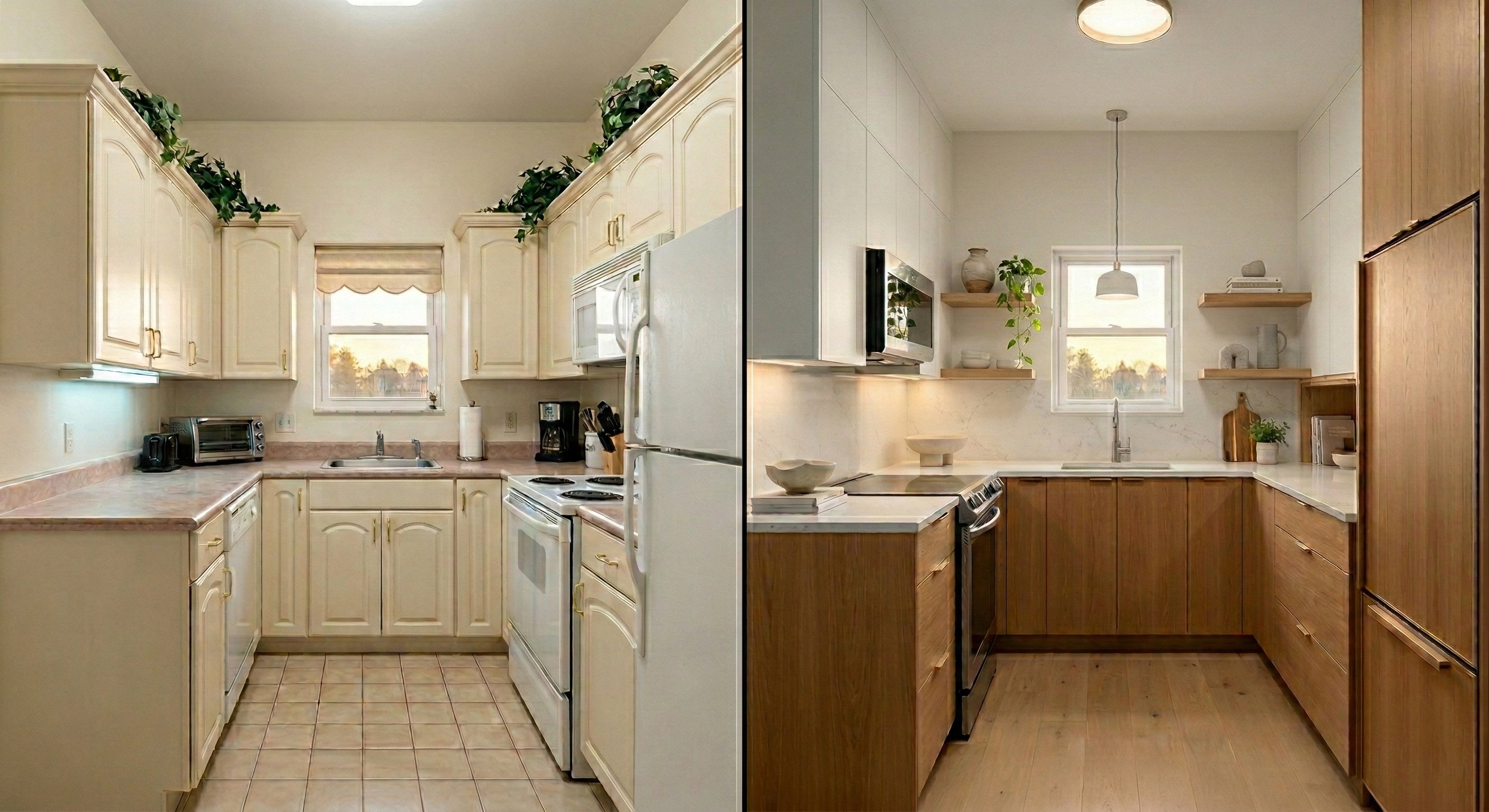 Cream cabinets to natural wood flat-panels and floating shelves.