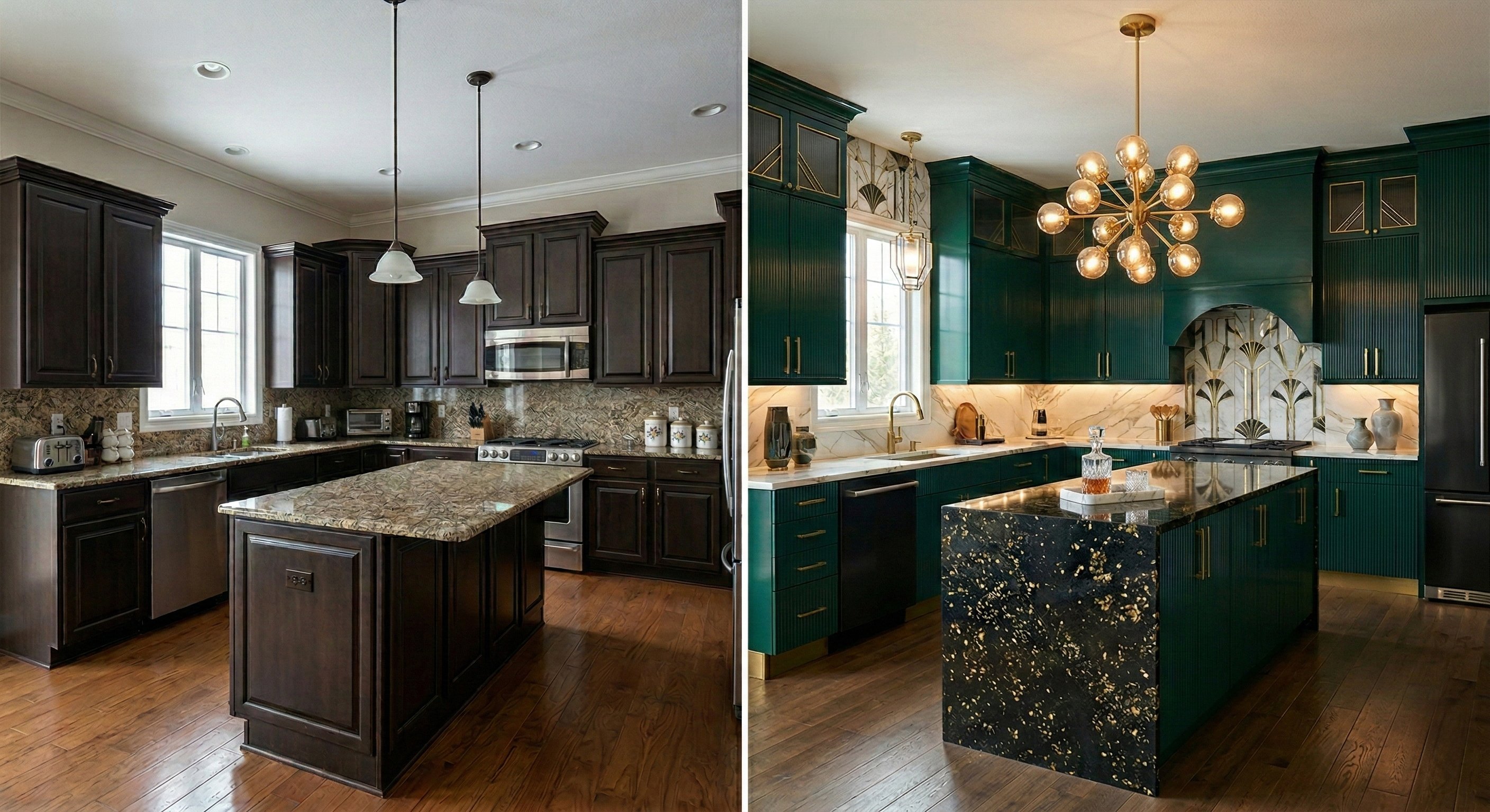 Kitchen before and after: dark wood to emerald green and gold.