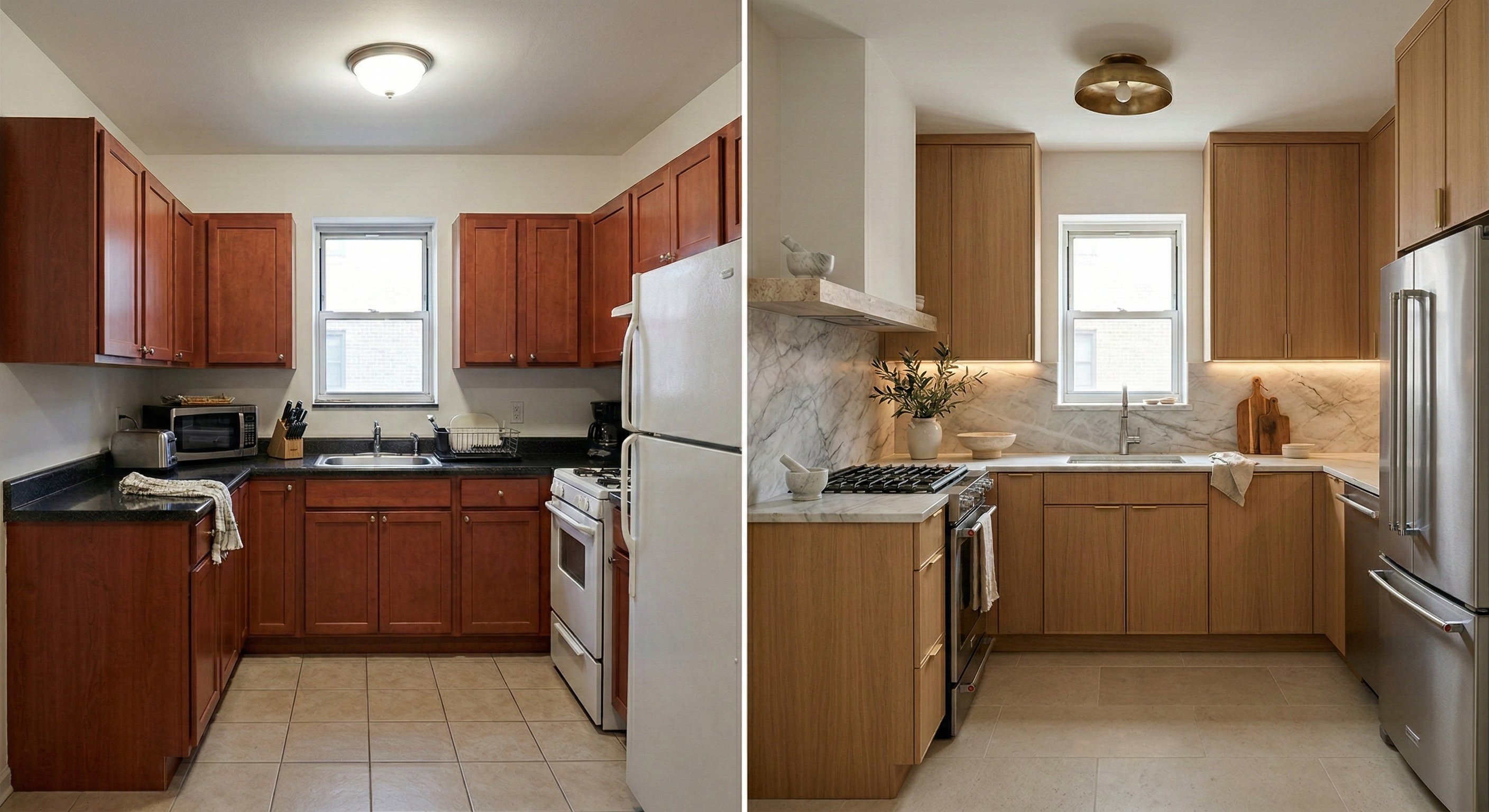 Cherry kitchen to light oak slab doors and marble backsplash.